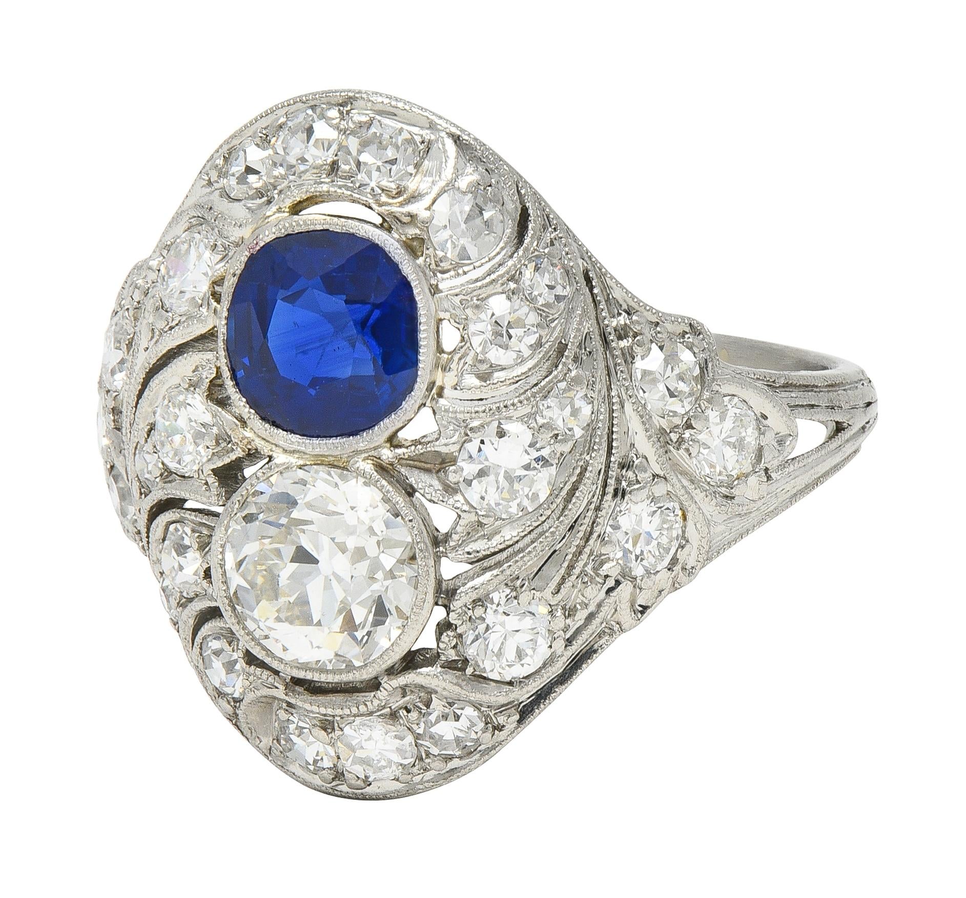 Edwardian 2.93 CTW Sapphire Diamond Platinum Antique Feather Toi-Et-Moi Ring