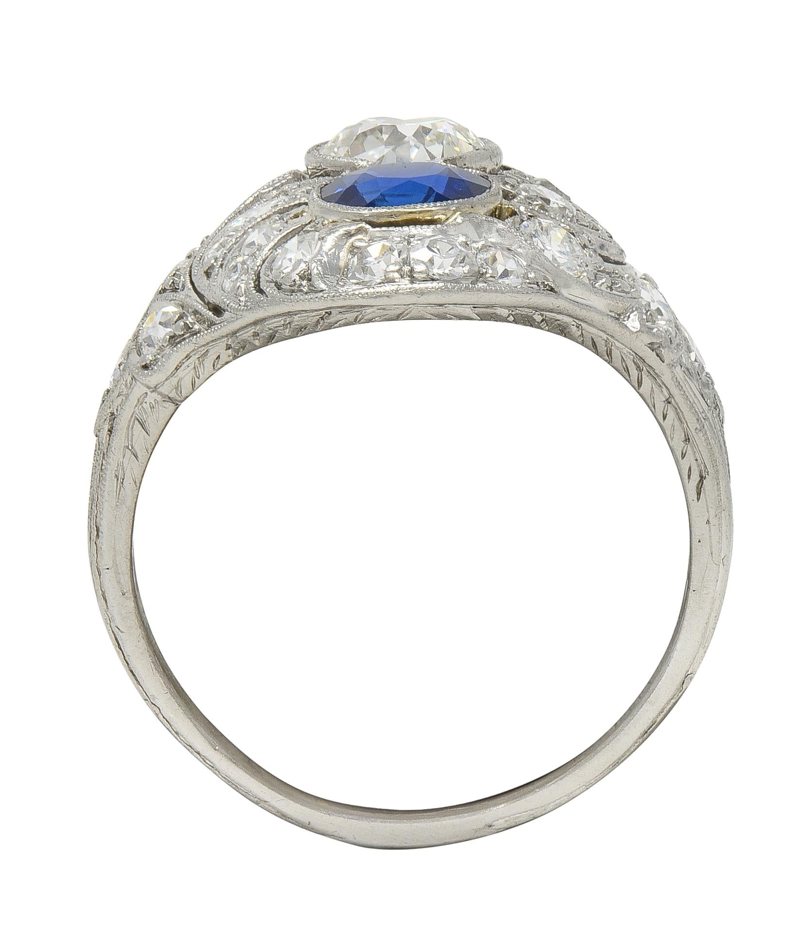 Edwardian 2.93 CTW Sapphire Diamond Platinum Antique Feather Toi-Et-Moi Ring