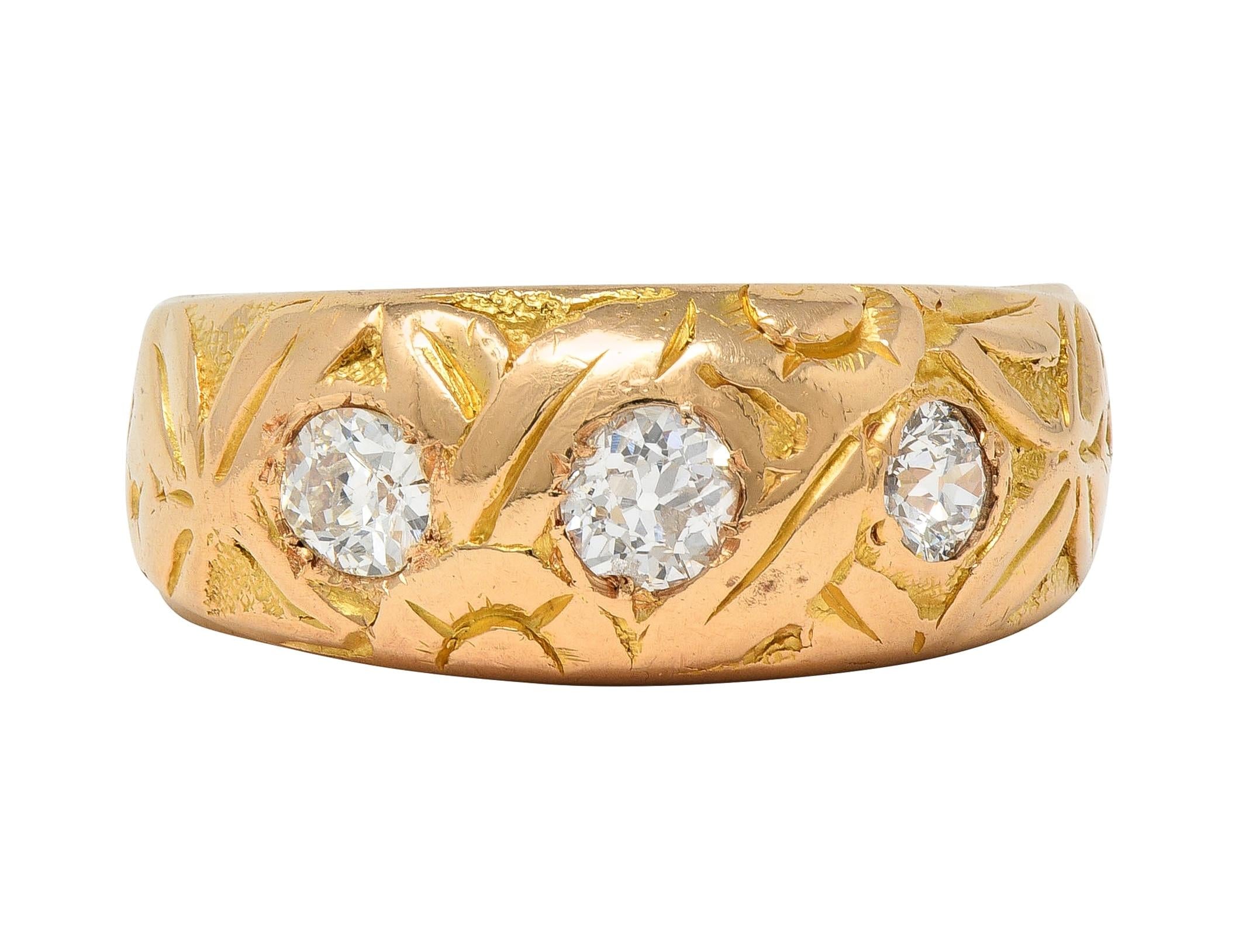 Victorian Diamond 18 Karat Yellow Gold Antique Floral Three Stone Band Ring