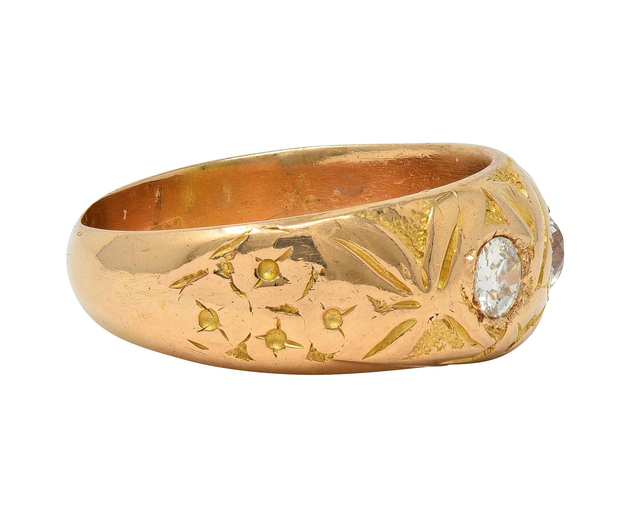 Victorian Diamond 18 Karat Yellow Gold Antique Floral Three Stone Band Ring