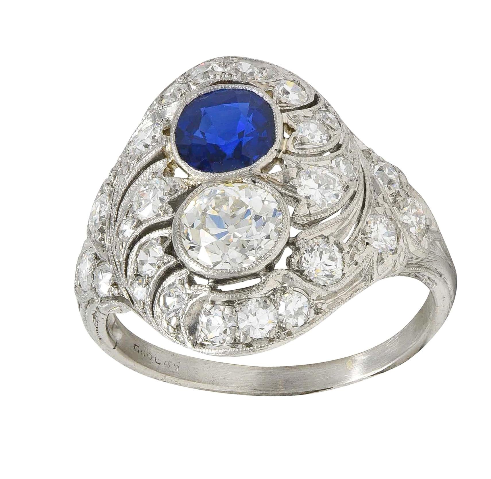 Edwardian 2.93 CTW Sapphire Diamond Platinum Antique Feather Toi-Et-Moi Ring