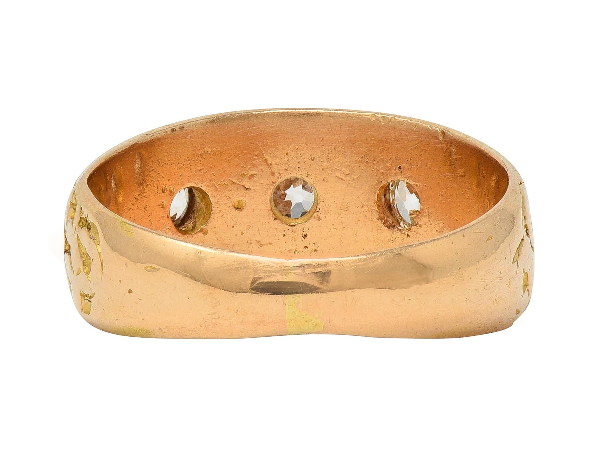 Victorian Diamond 18 Karat Yellow Gold Antique Floral Three Stone Band Ring