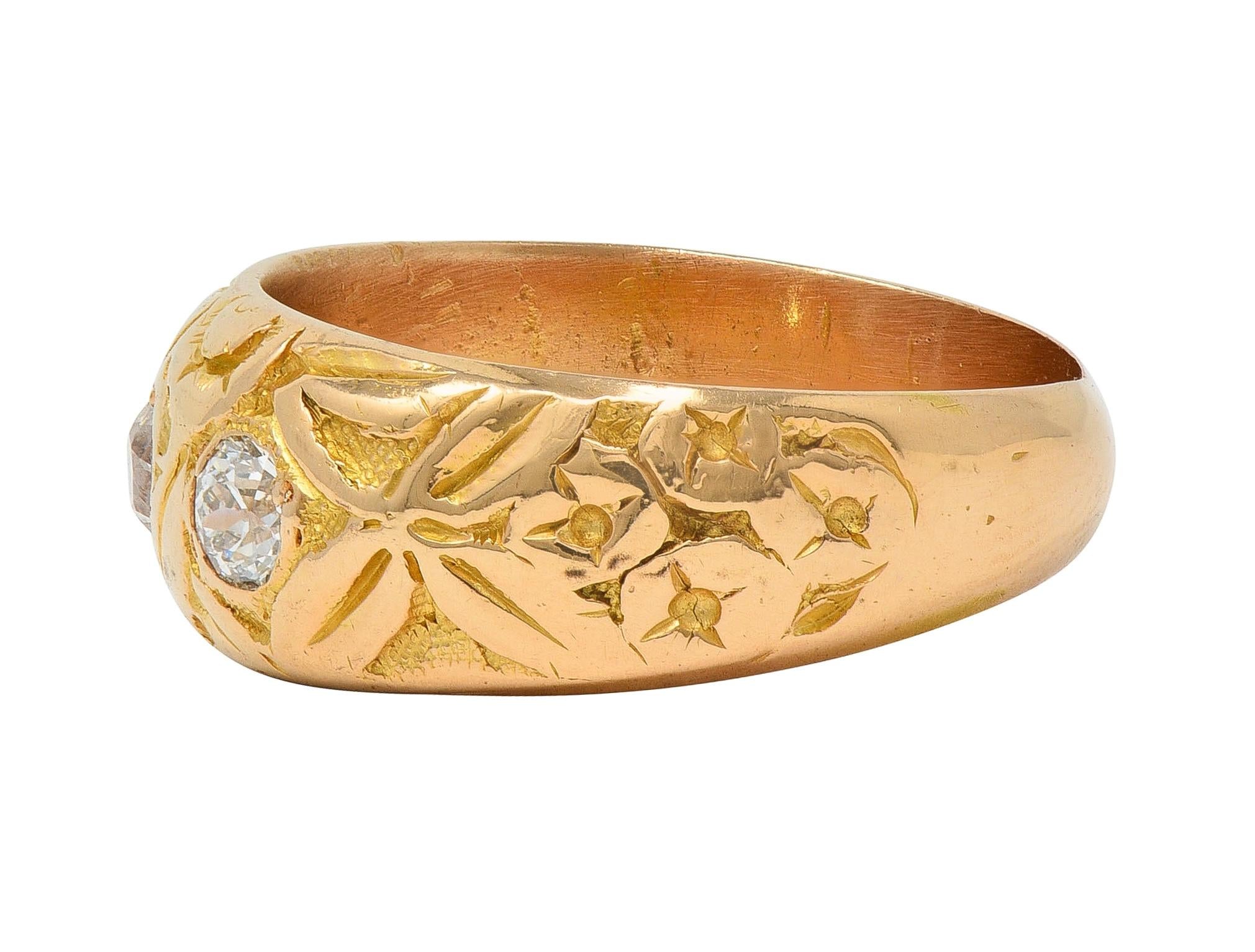 Victorian Diamond 18 Karat Yellow Gold Antique Floral Three Stone Band Ring