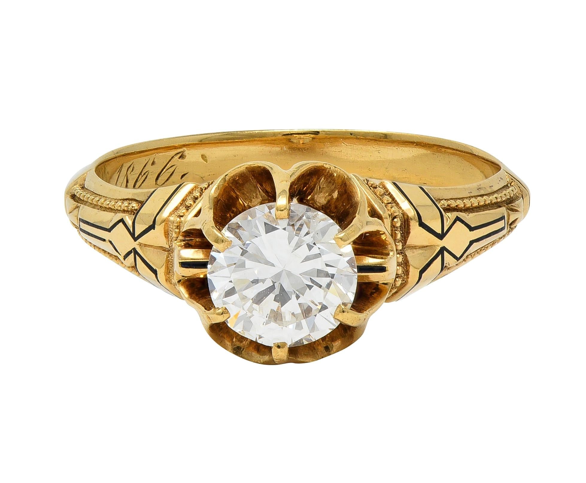 Victorian 1866 0.76 CTW Diamond Enamel 18K Gold Antique Belcher Engagement Ring