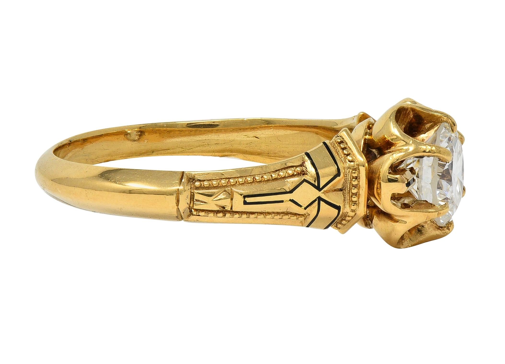 Victorian 1866 0.76 CTW Diamond Enamel 18K Gold Antique Belcher Engagement Ring
