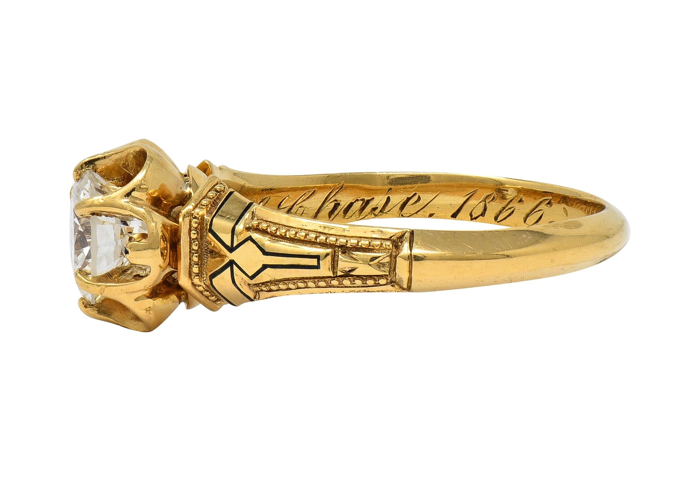 Victorian 1866 0.76 CTW Diamond Enamel 18K Gold Antique Belcher Engagement Ring