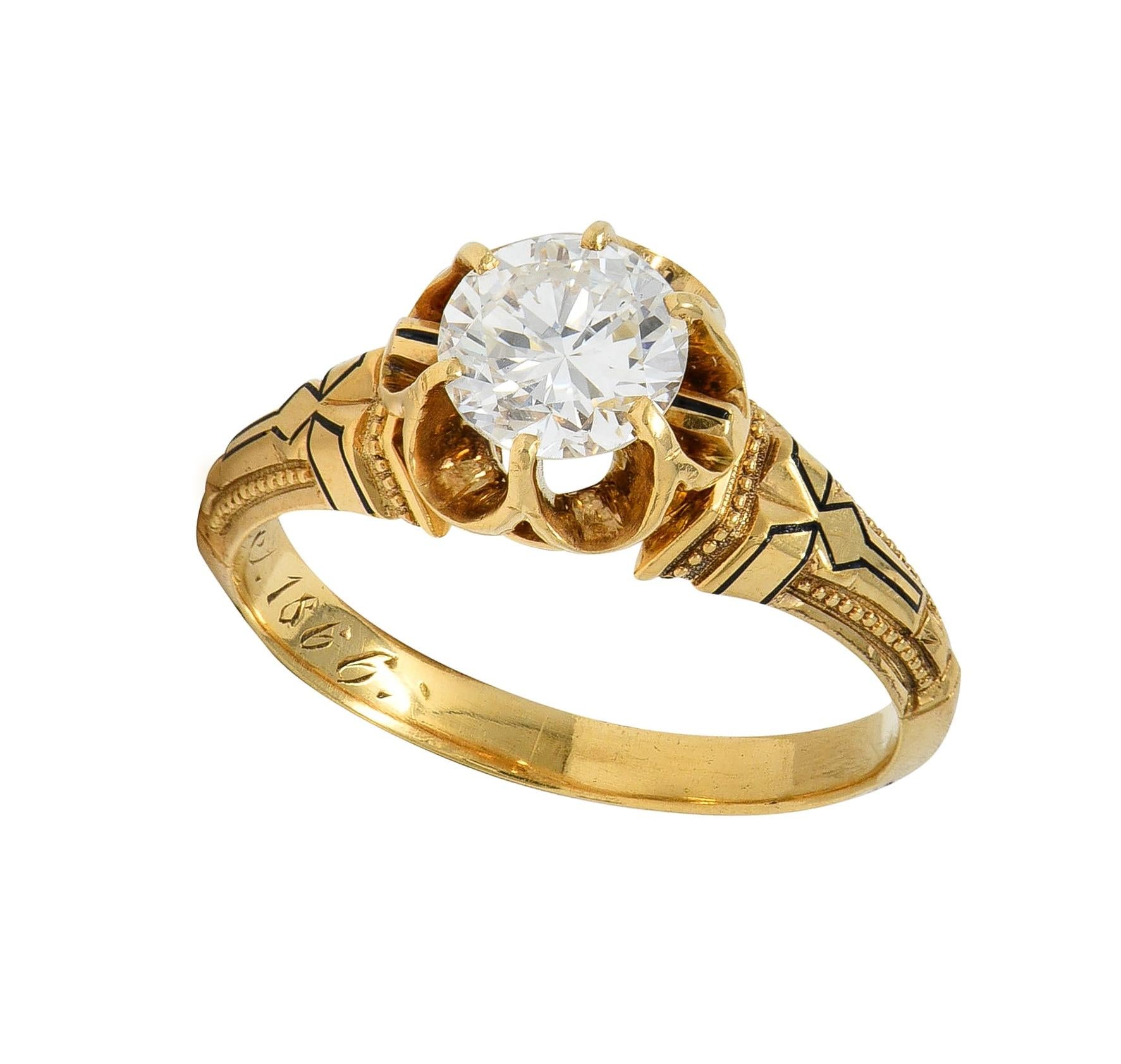 Victorian 1866 0.76 CTW Diamond Enamel 18K Gold Antique Belcher Engagement Ring