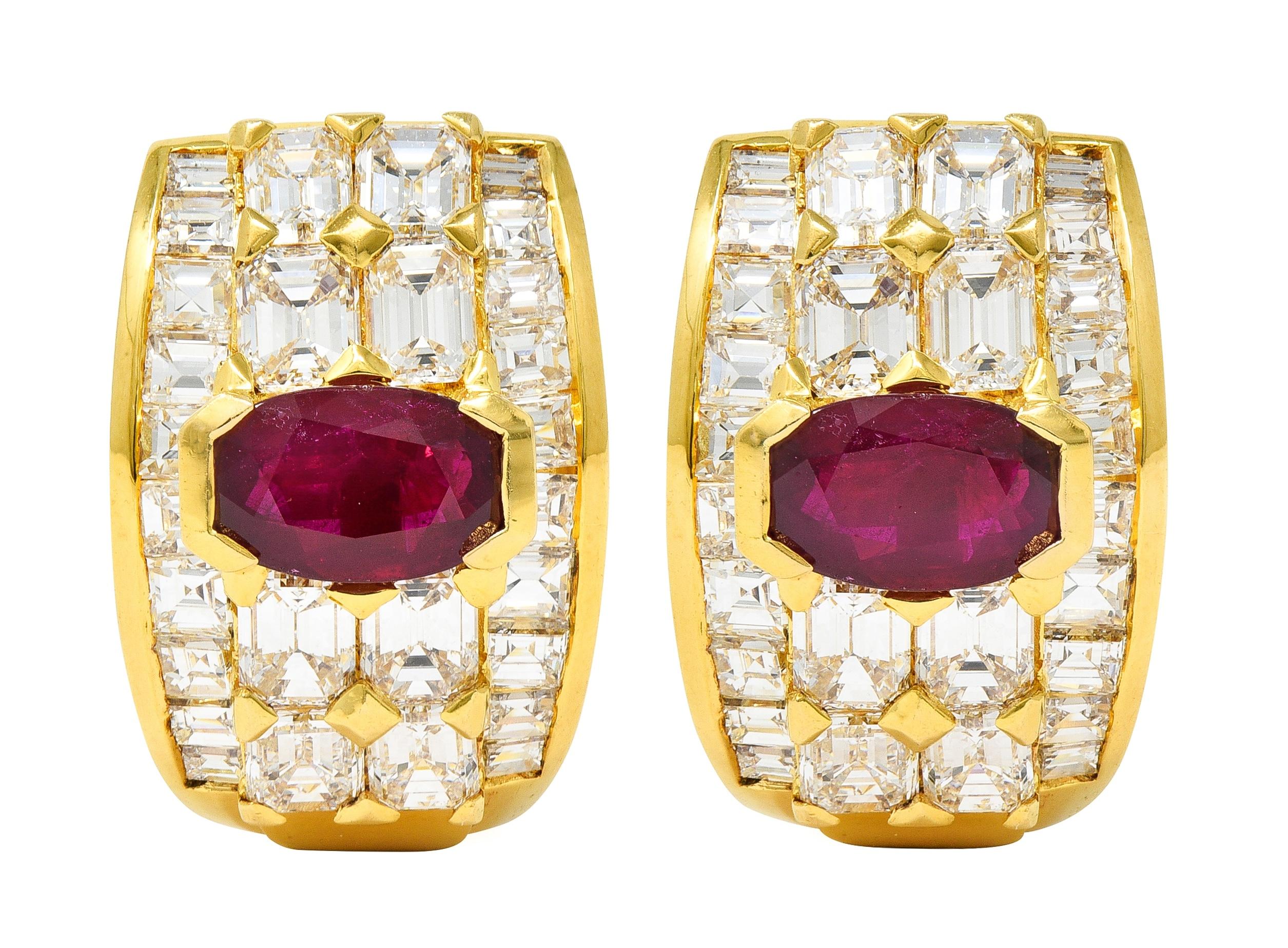 Contemporary 7.25 CTW Ruby Diamond 18 Karat Yellow Gold J-Hoop Earrings