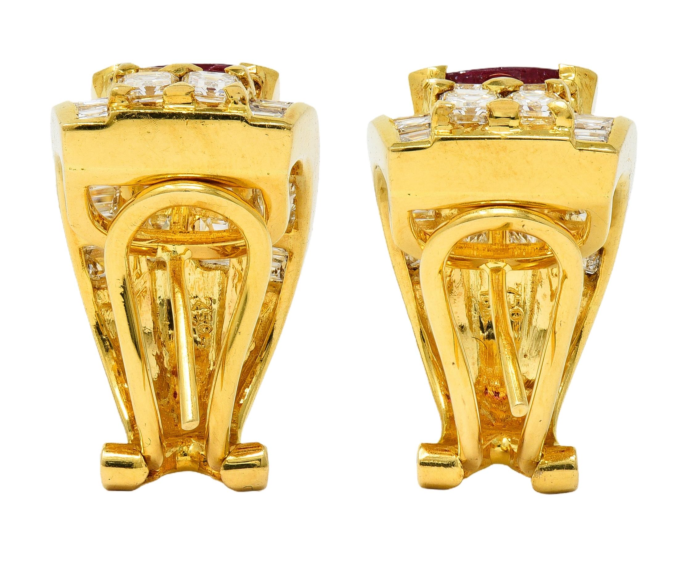Contemporary 7.25 CTW Ruby Diamond 18 Karat Yellow Gold J-Hoop Earrings