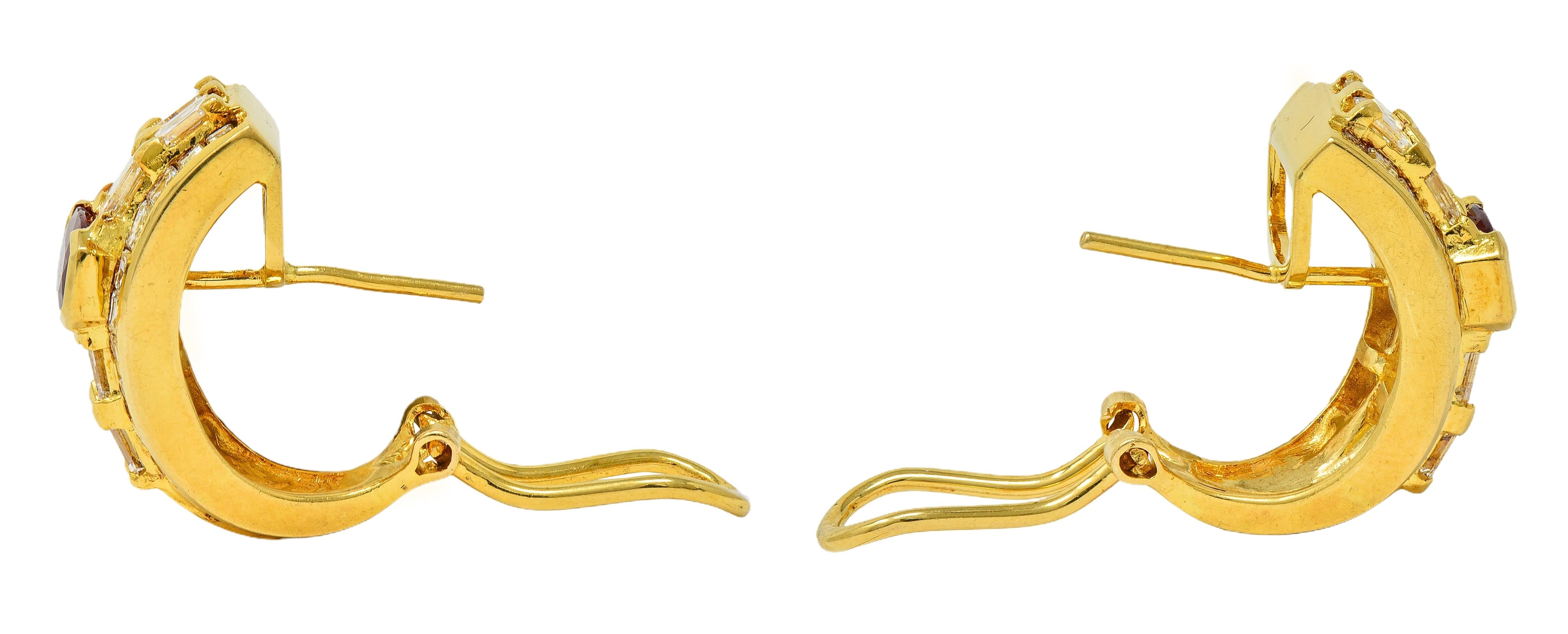 Contemporary 7.25 CTW Ruby Diamond 18 Karat Yellow Gold J-Hoop Earrings