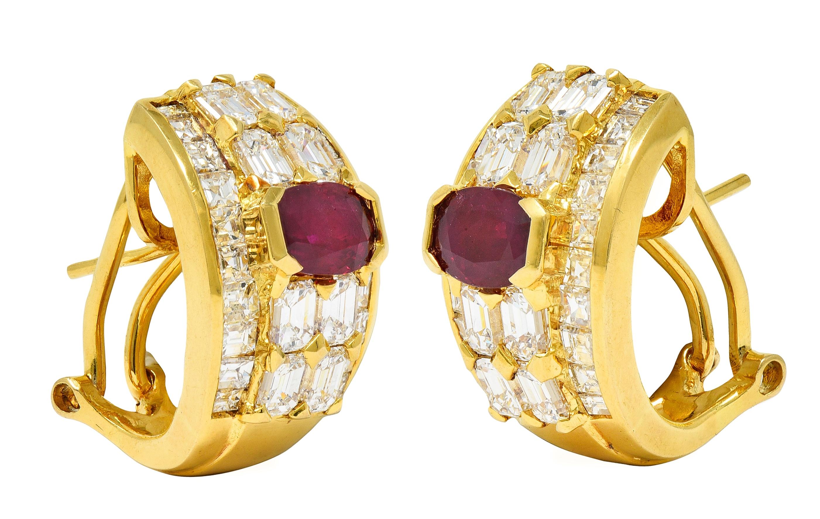 Contemporary 7.25 CTW Ruby Diamond 18 Karat Yellow Gold J-Hoop Earrings