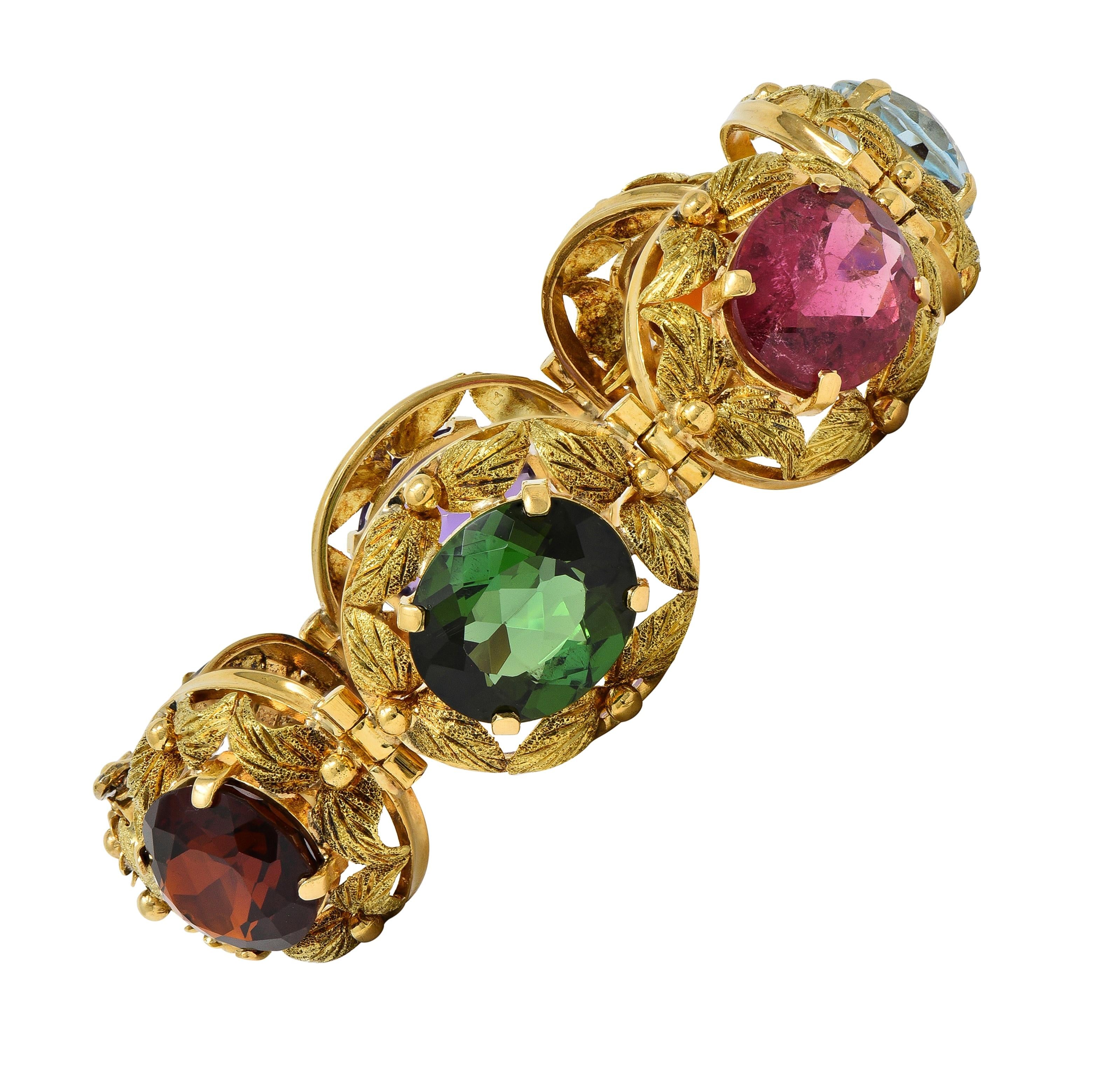 H. Stern 1950's Multi-Gem 18K Yellow Gold Vintage Floral Foliate Link Bracelet