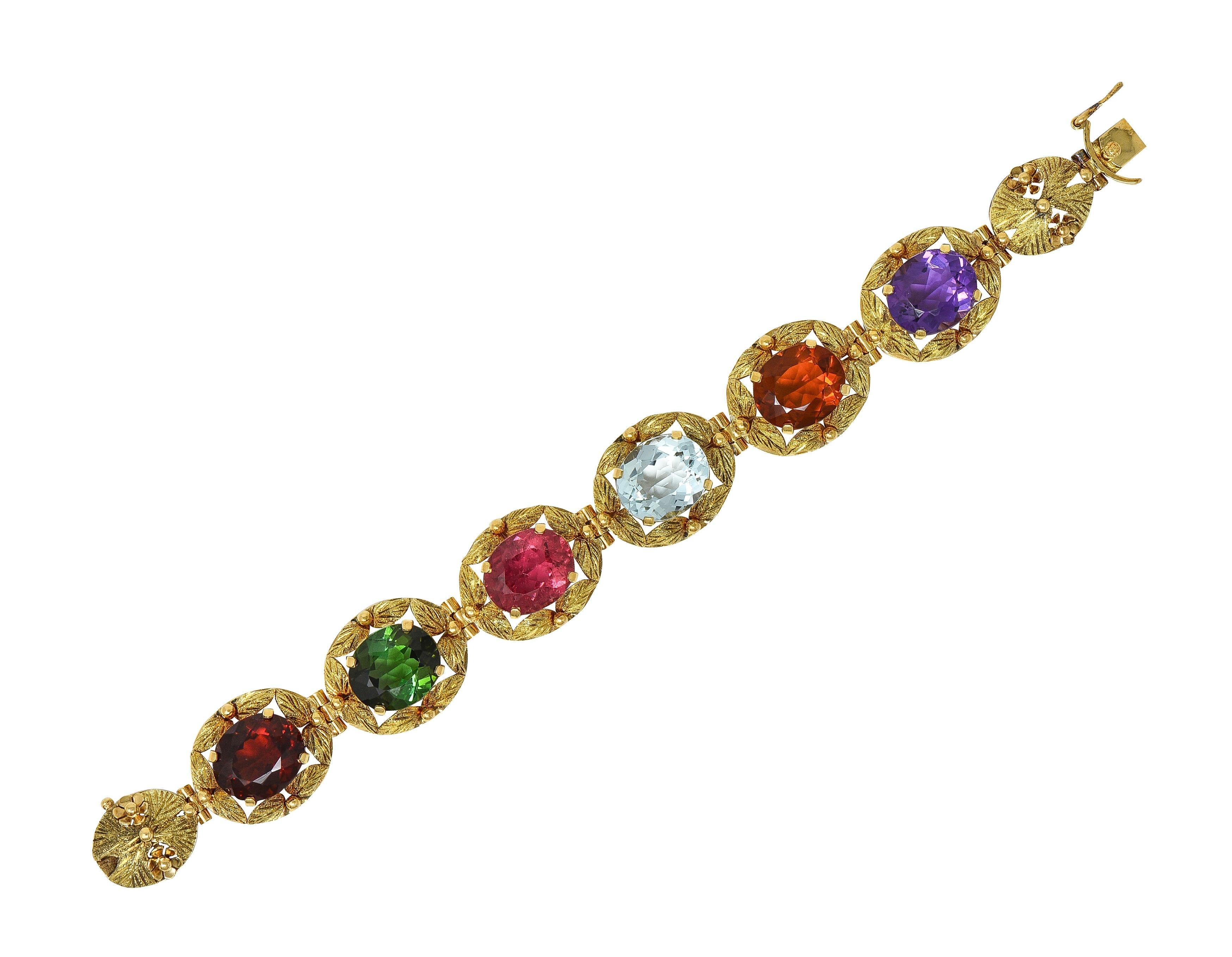H. Stern 1950's Multi-Gem 18K Yellow Gold Vintage Floral Foliate Link Bracelet