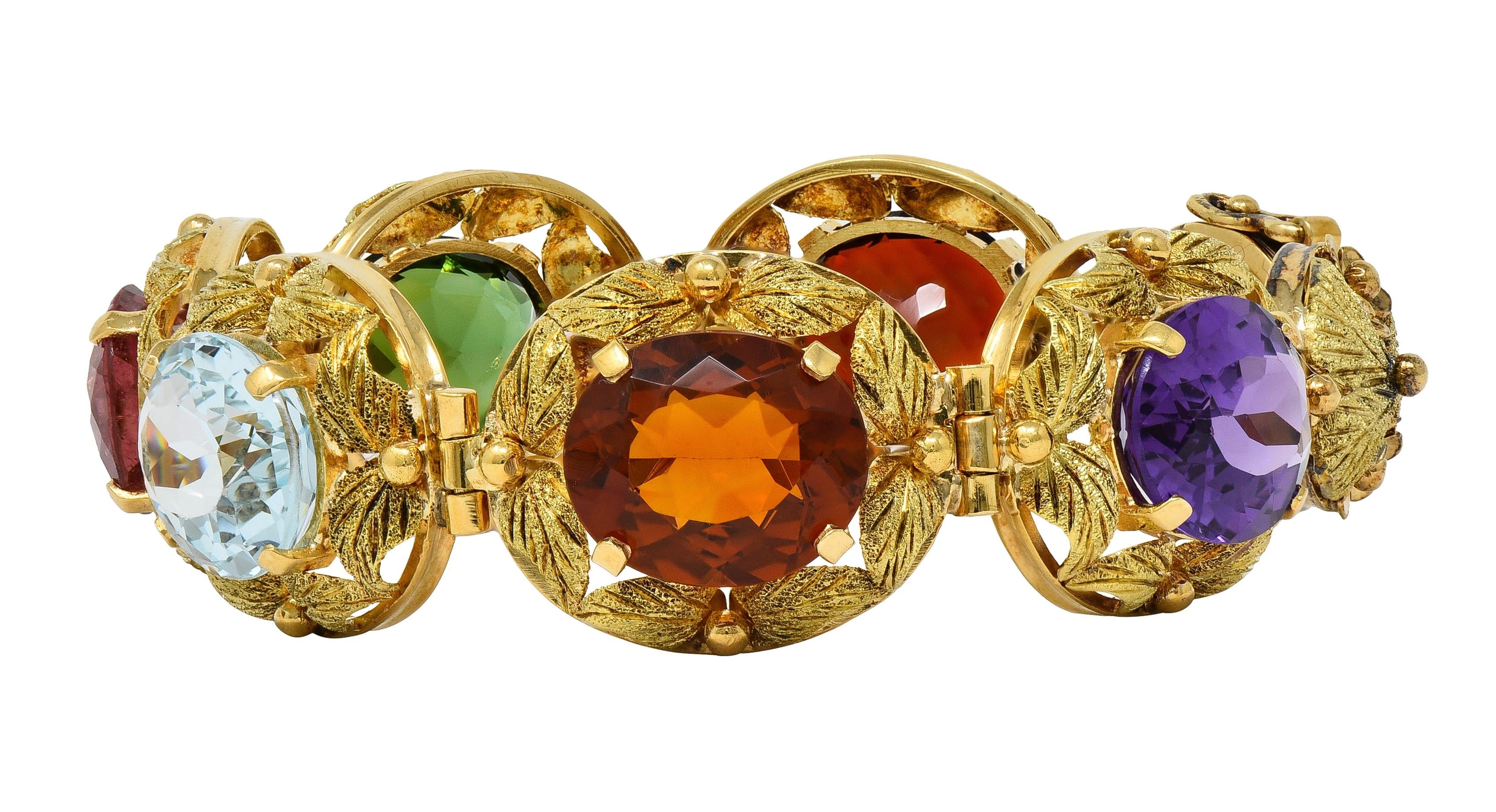 H. Stern 1950's Multi-Gem 18K Yellow Gold Vintage Floral Foliate Link Bracelet