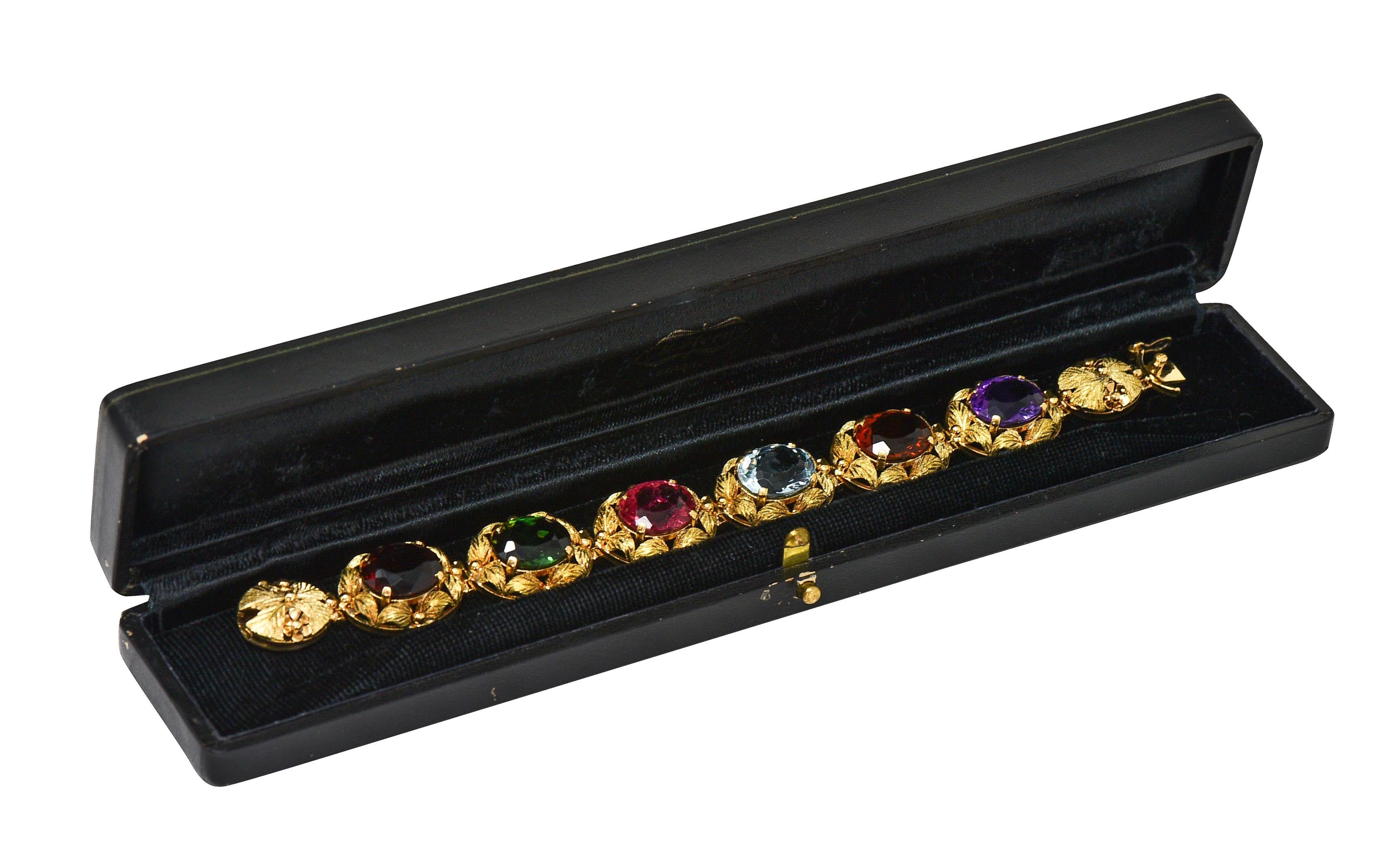 H. Stern 1950's Multi-Gem 18K Yellow Gold Vintage Floral Foliate Link Bracelet