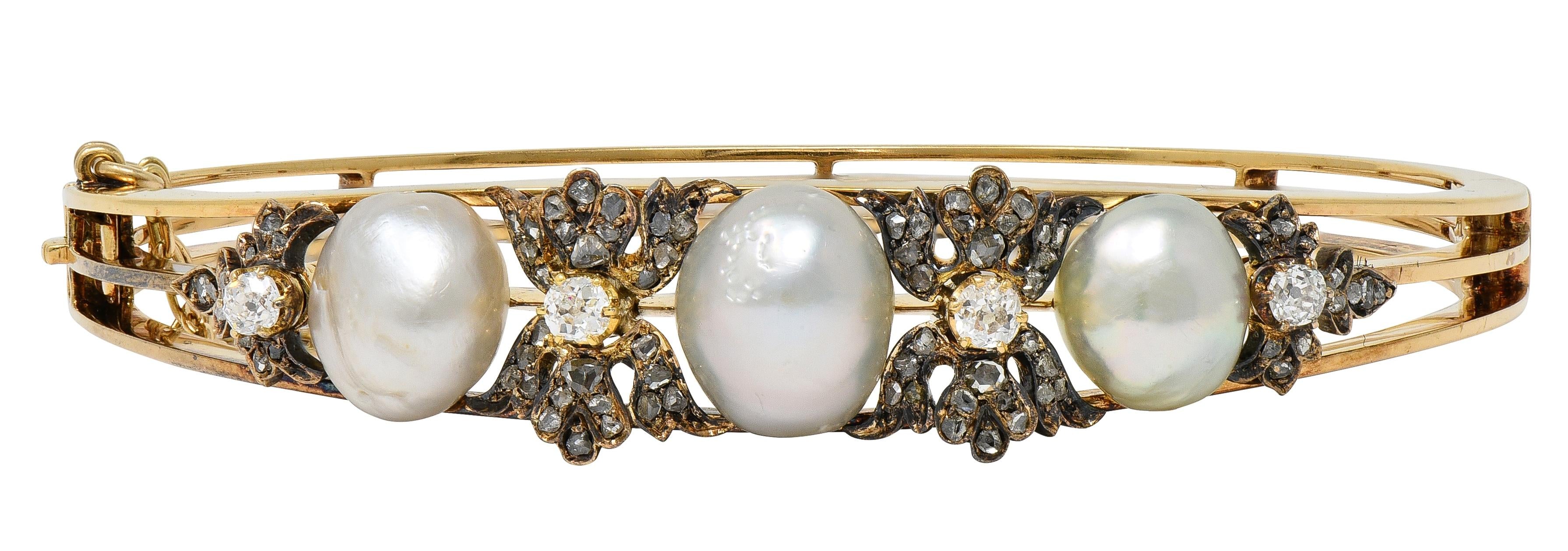 Victorian Diamond Pearl 14 Karat Yellow Gold Silver Antique Bangle Bracelet