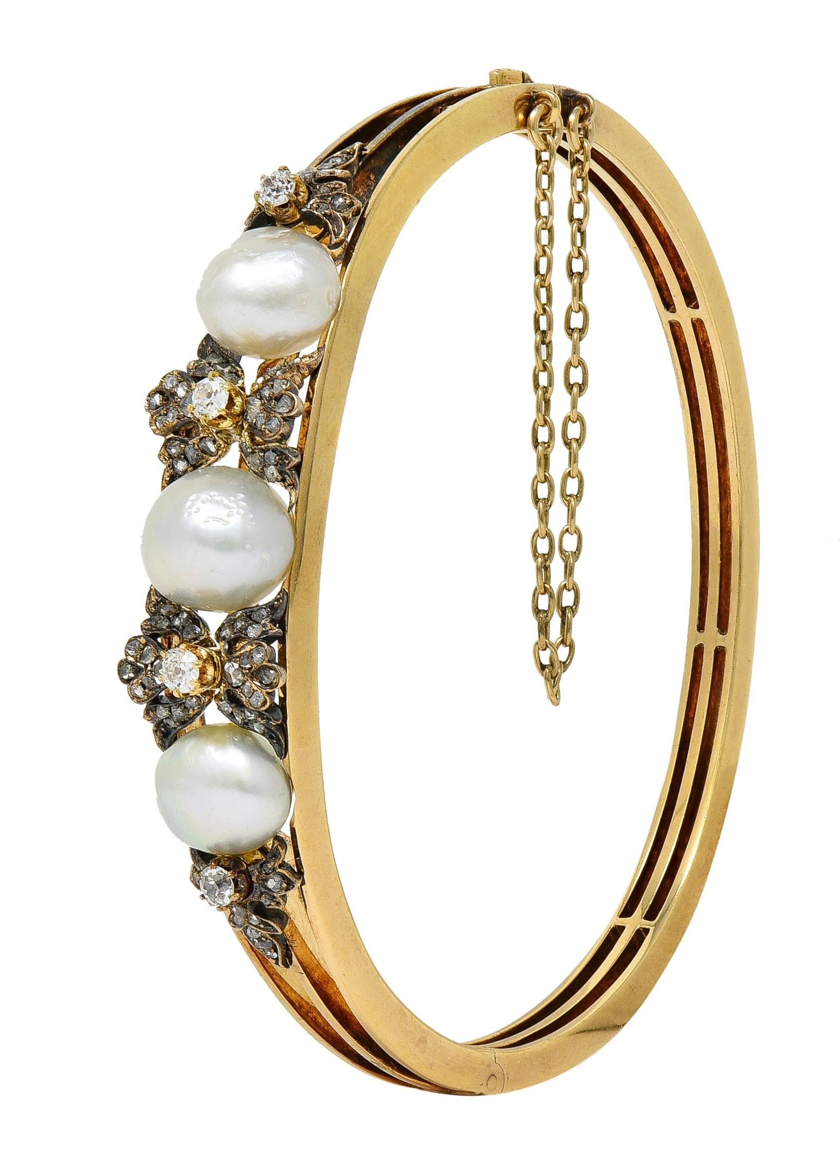 Victorian Diamond Pearl 14 Karat Yellow Gold Silver Antique Bangle Bracelet