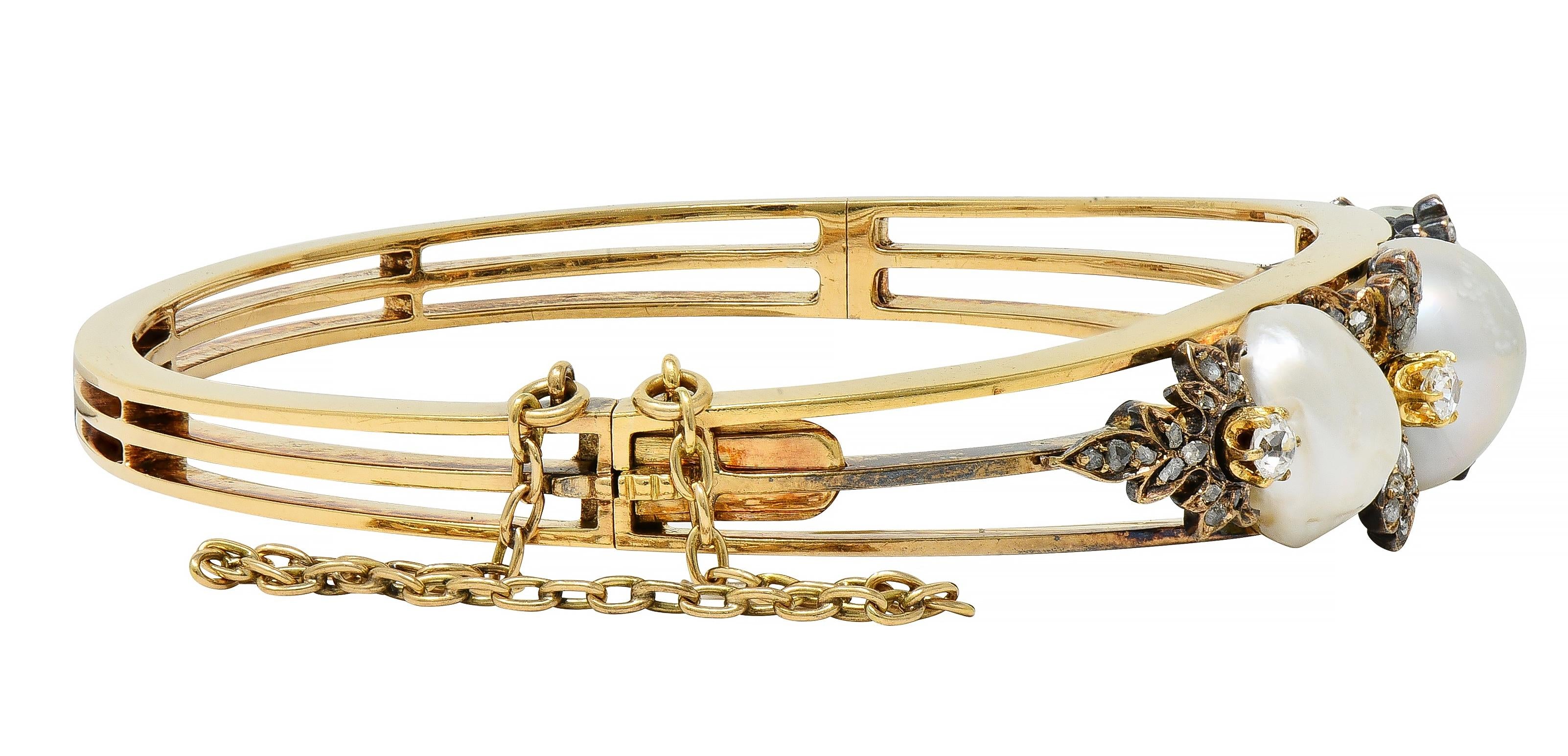 Victorian Diamond Pearl 14 Karat Yellow Gold Silver Antique Bangle Bracelet