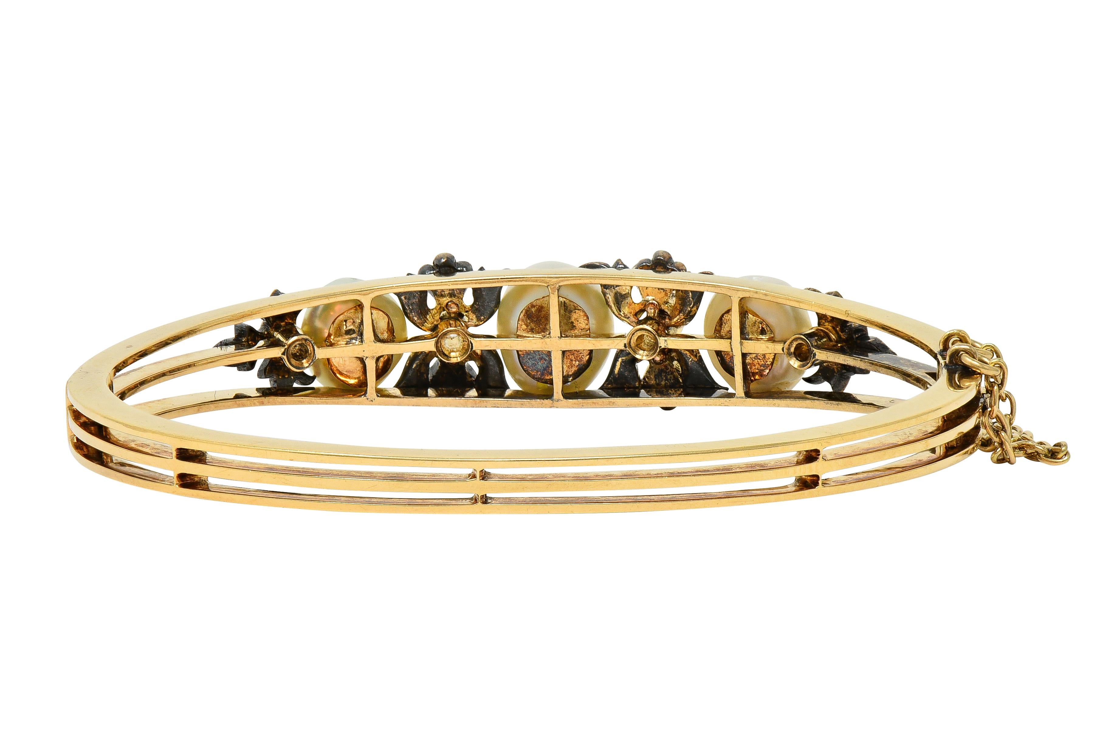 Victorian Diamond Pearl 14 Karat Yellow Gold Silver Antique Bangle Bracelet
