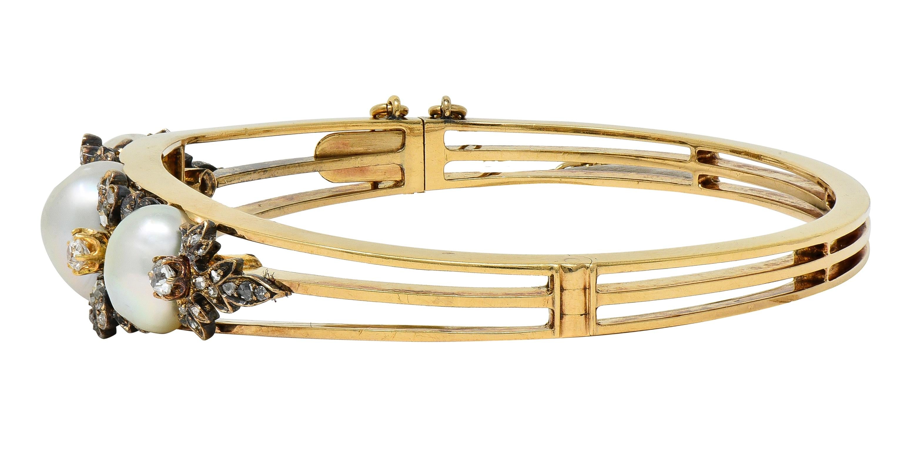 Victorian Diamond Pearl 14 Karat Yellow Gold Silver Antique Bangle Bracelet