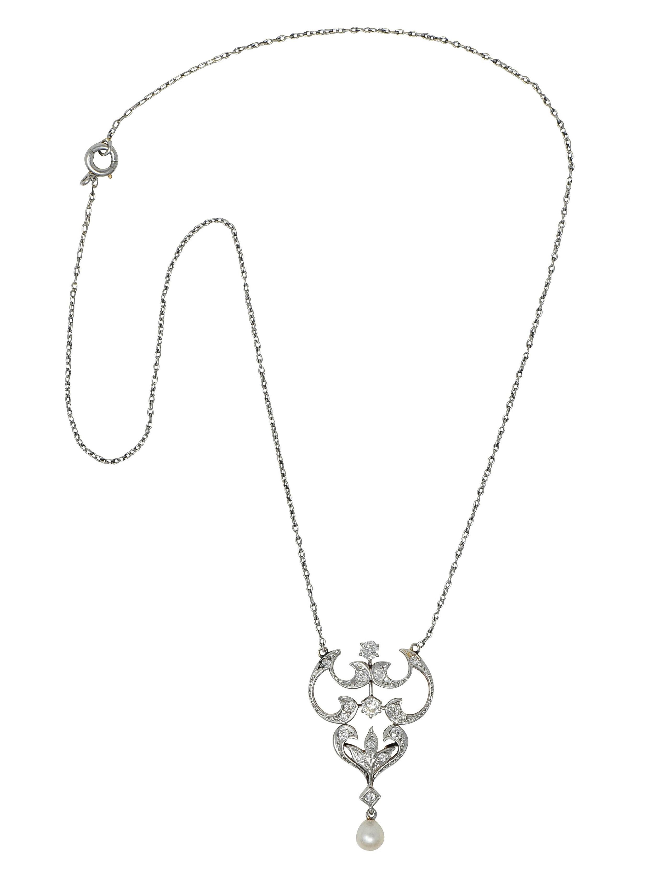 Edwardian Diamond Pearl Platinum 14K Gold Antique Pendant Station Necklace