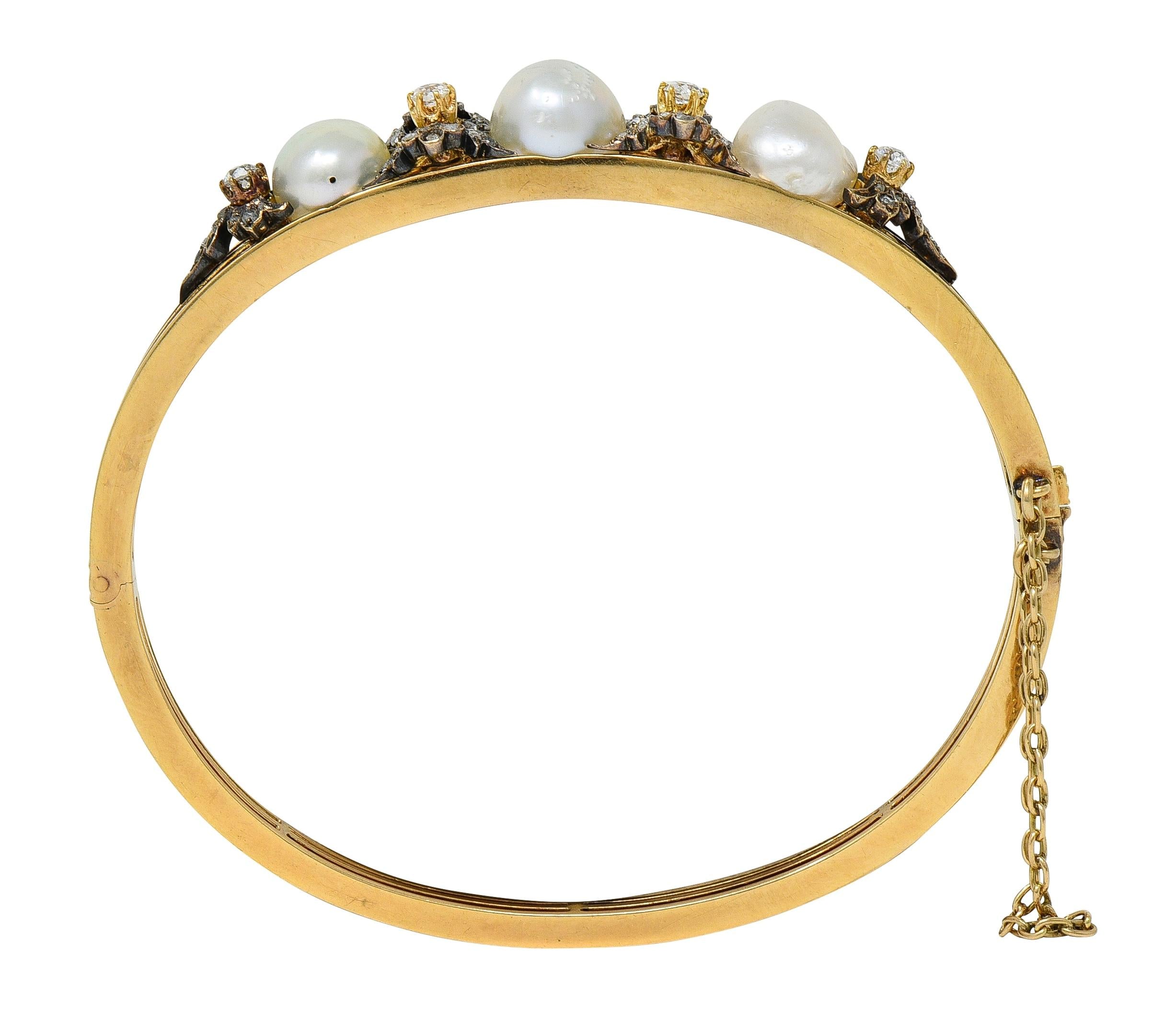 Victorian Diamond Pearl 14 Karat Yellow Gold Silver Antique Bangle Bracelet
