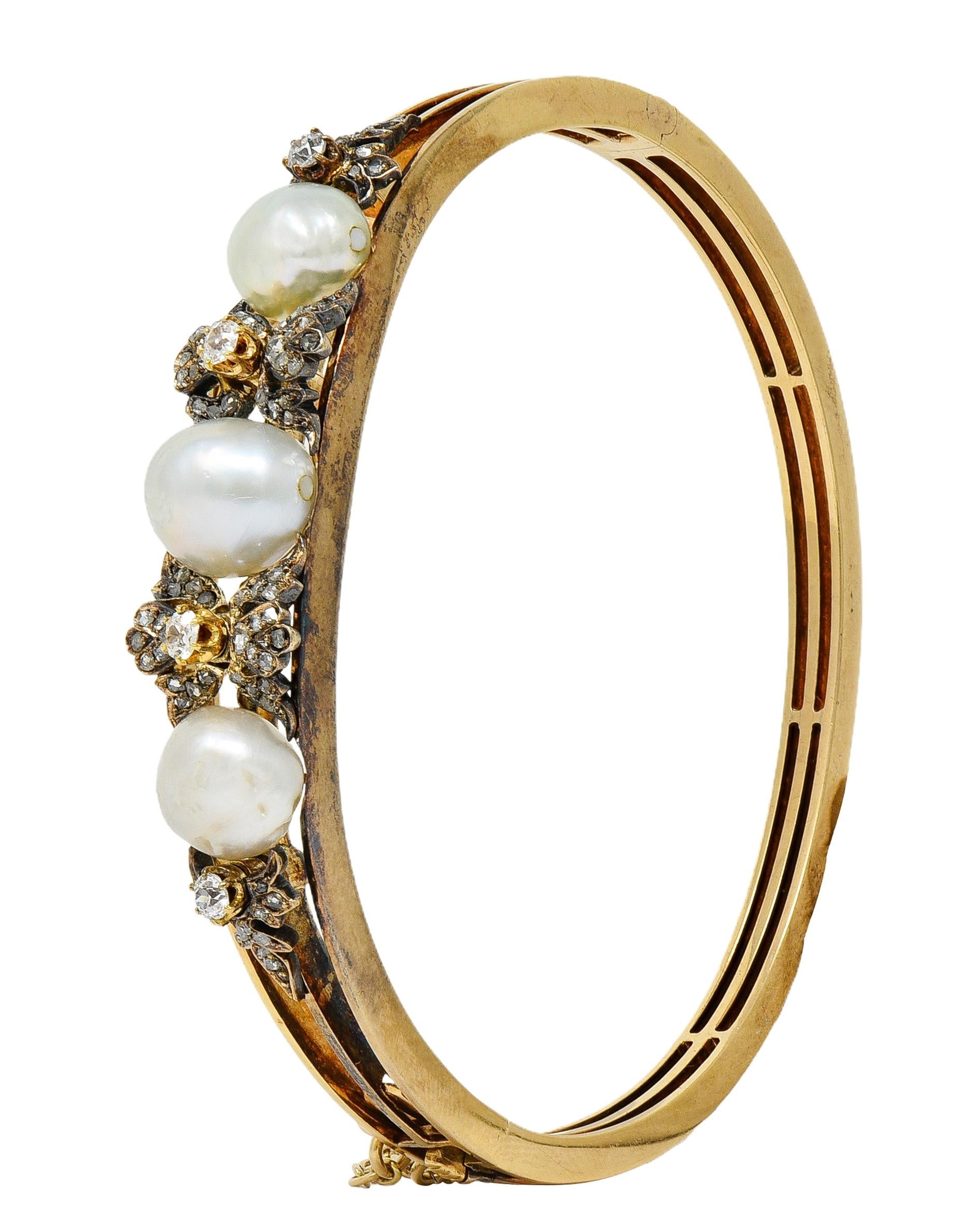 Victorian Diamond Pearl 14 Karat Yellow Gold Silver Antique Bangle Bracelet