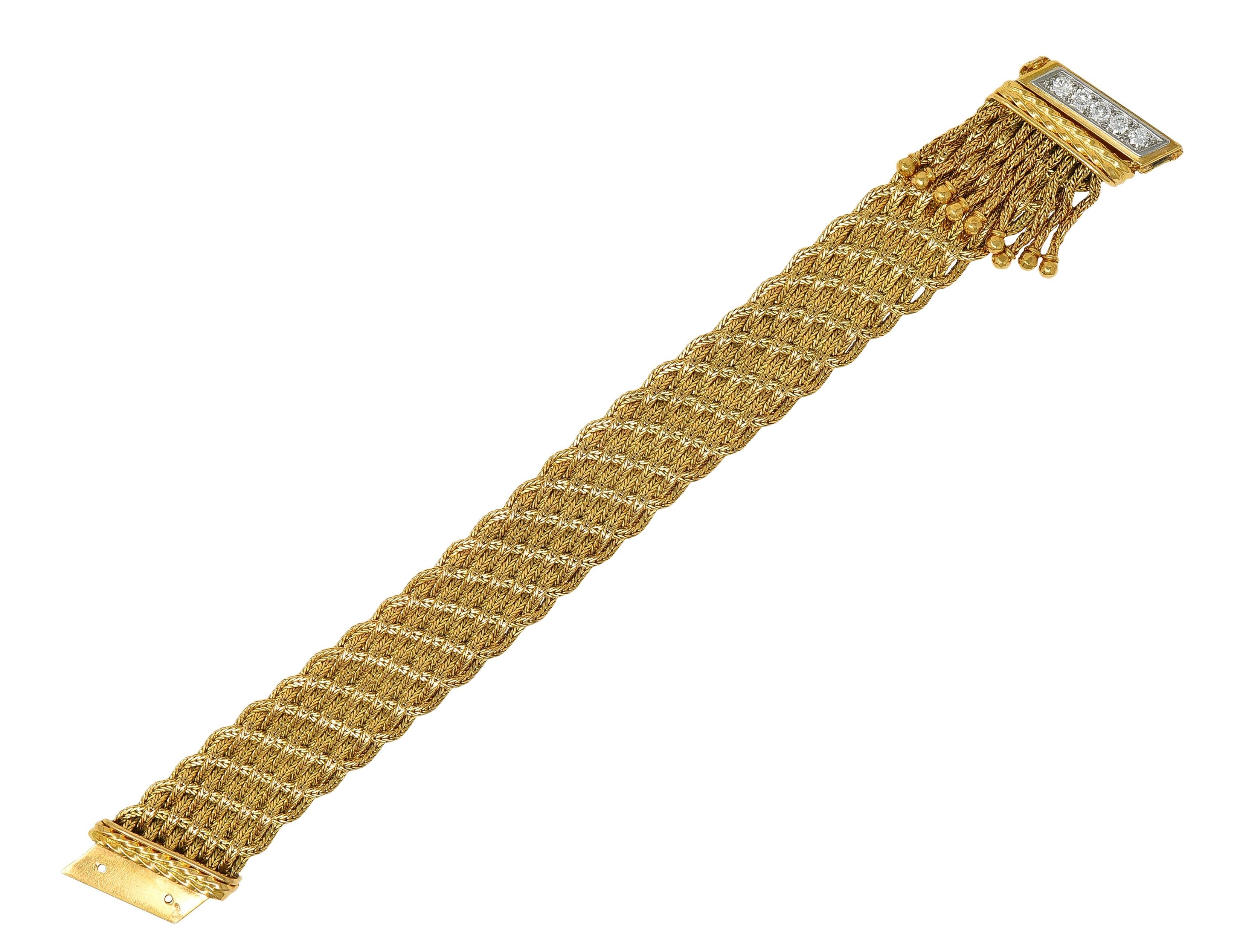 Mid-Century French Diamond Platinum 18 Karat Yellow Gold Woven Tassel Bracelet