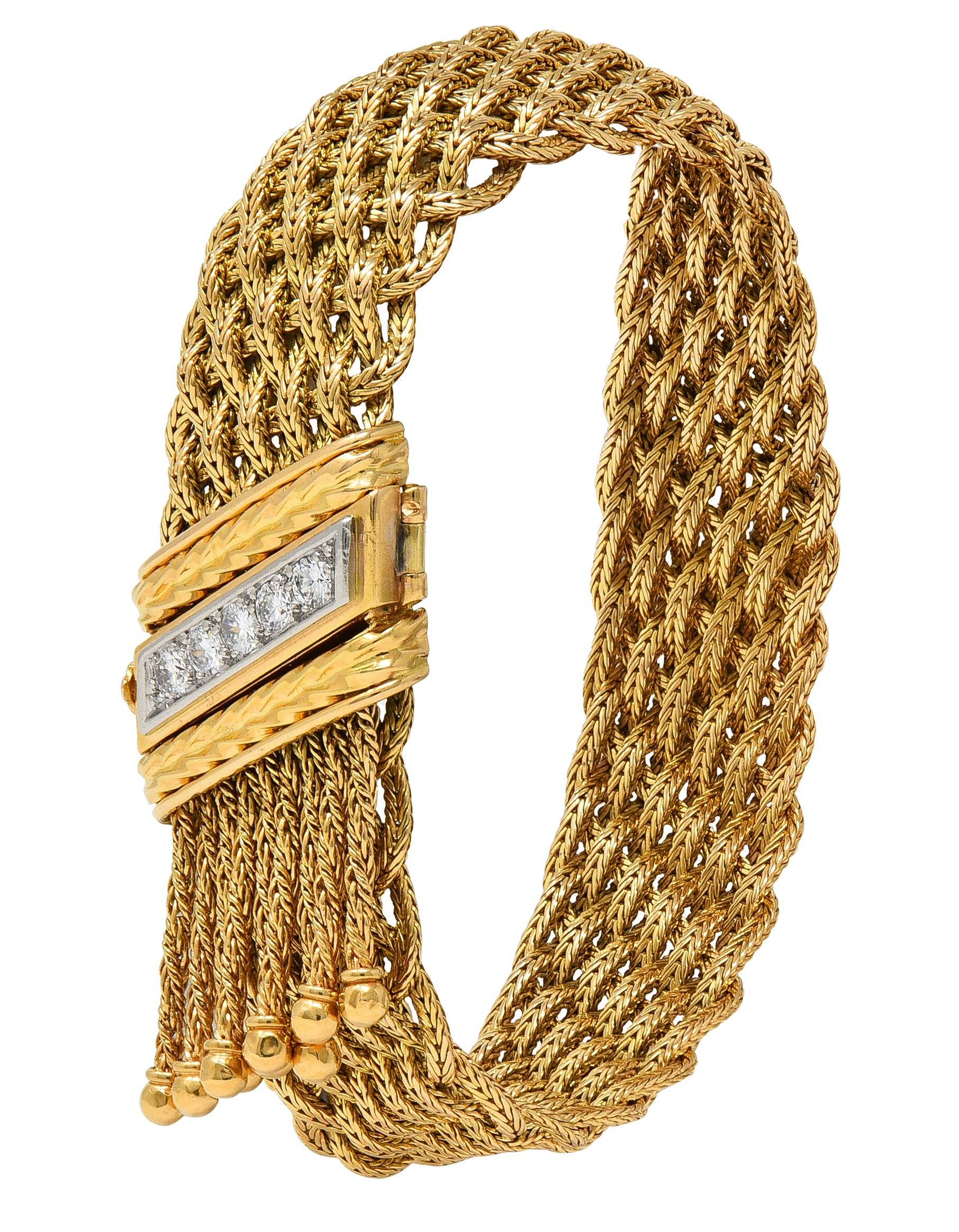 Mid-Century French Diamond Platinum 18 Karat Yellow Gold Woven Tassel Bracelet