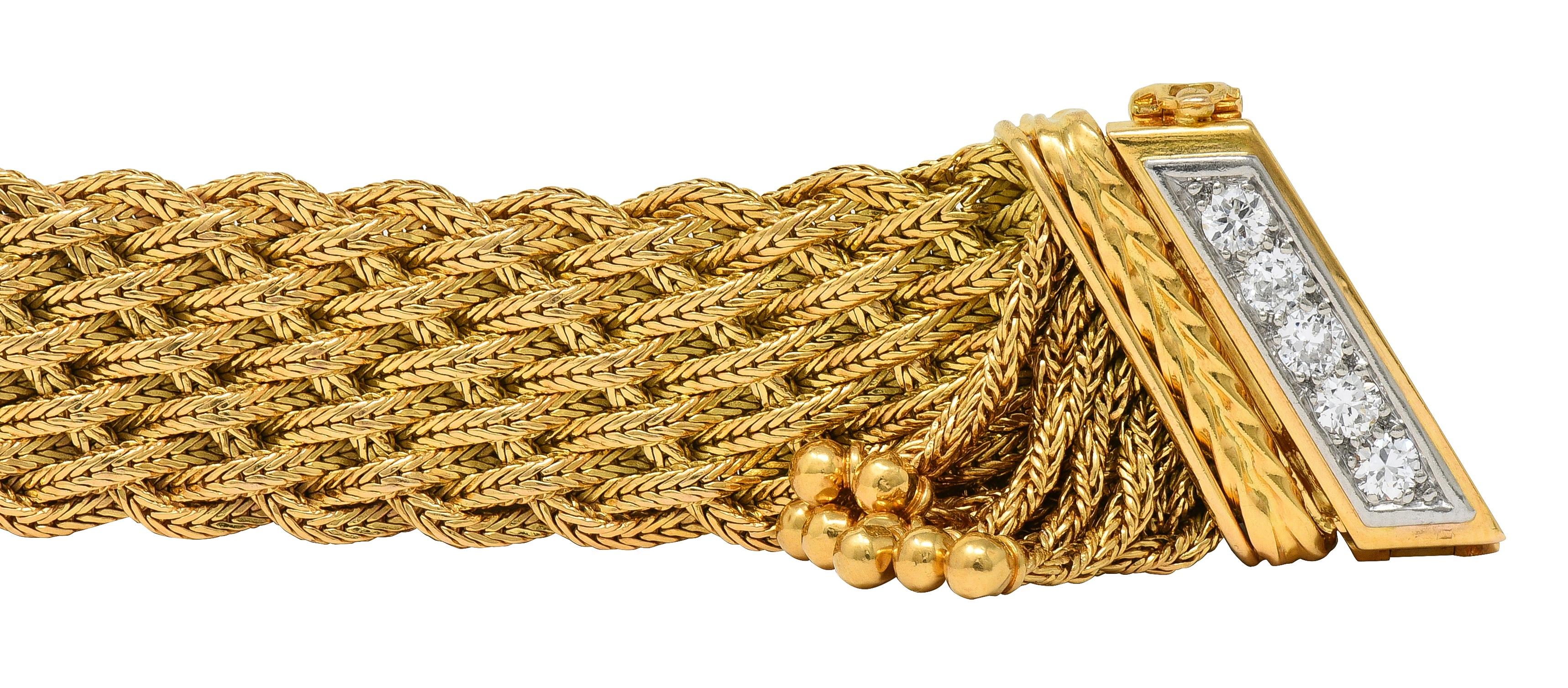 Mid-Century French Diamond Platinum 18 Karat Yellow Gold Woven Tassel Bracelet