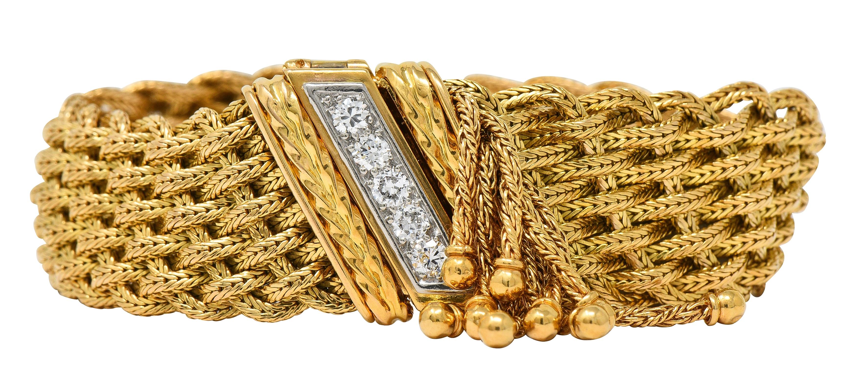 Mid-Century French Diamond Platinum 18 Karat Yellow Gold Woven Tassel Bracelet
