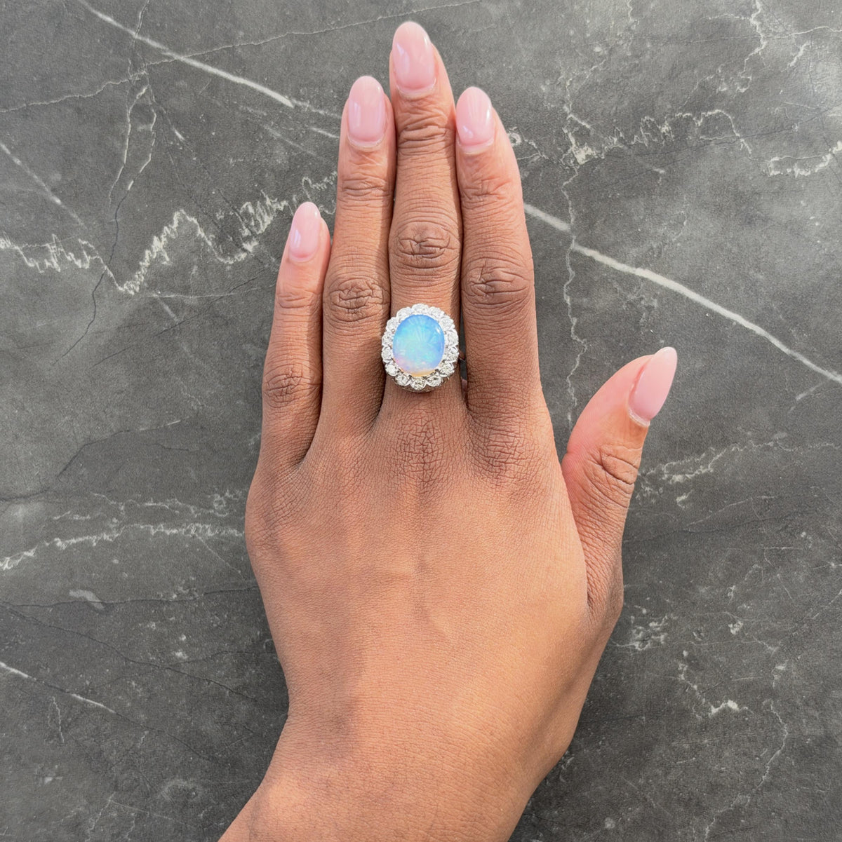 Mid-Century Jelly Opal Diamond 14 Karat White Gold Vintage Halo Ring