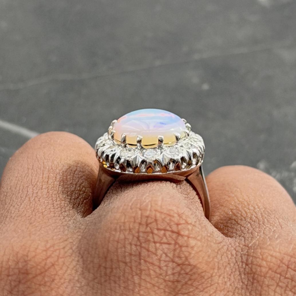 Mid-Century Jelly Opal Diamond 14 Karat White Gold Vintage Halo Ring