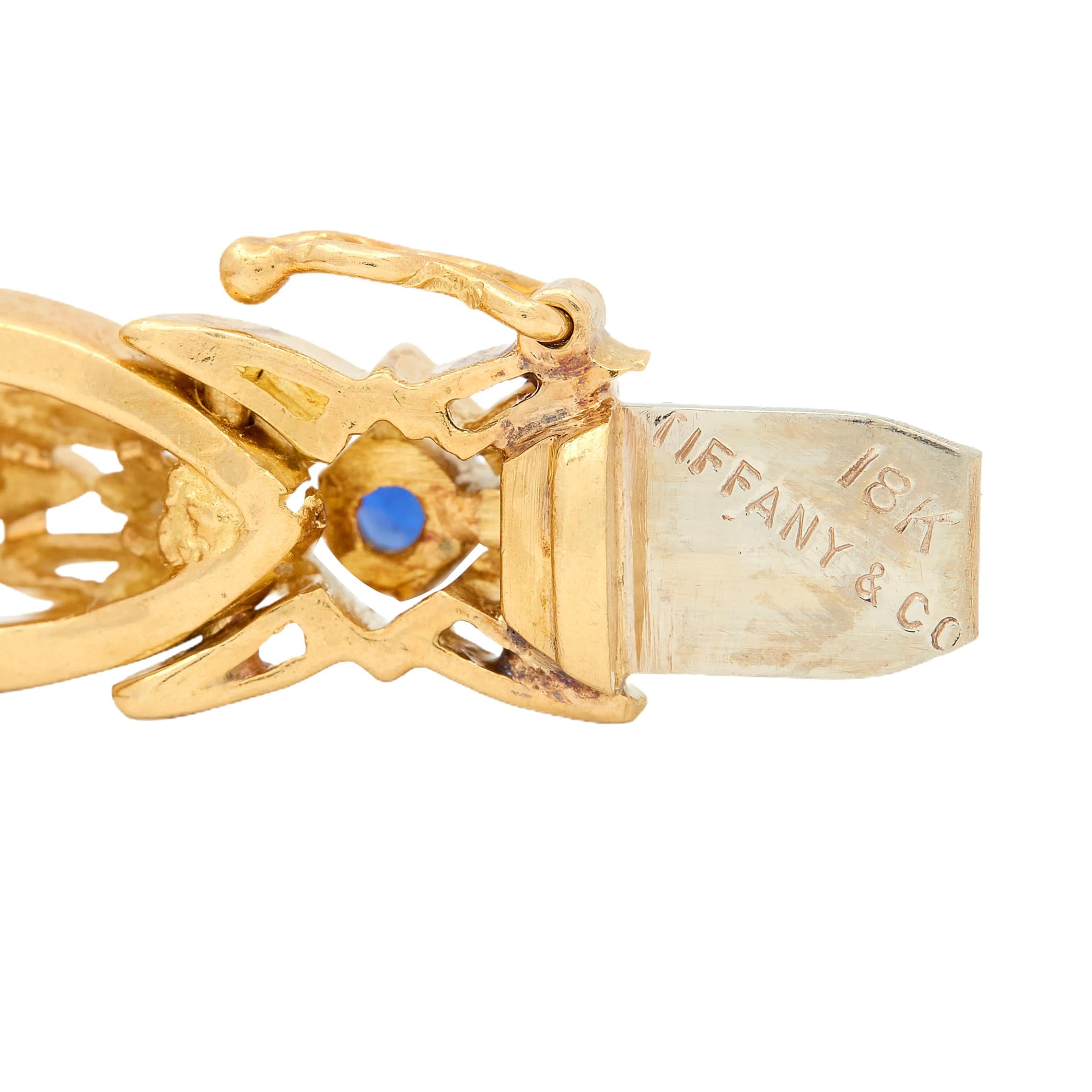 Tiffany & Co. 1990's 1.04 CTW Sapphire Diamond 18K Gold Vintage Wheat Bracelet