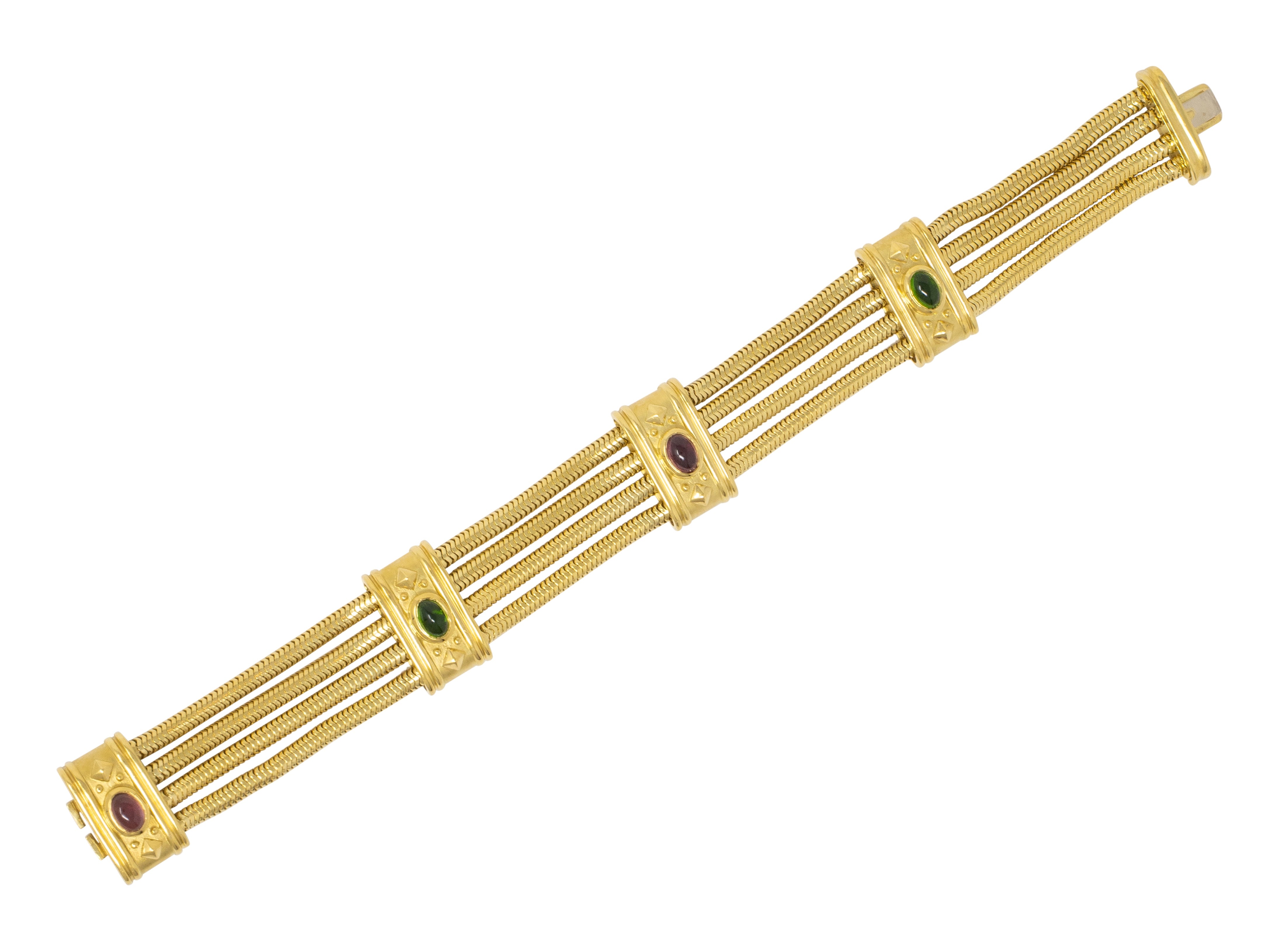 SeidenGang 1990's Tourmaline 18 Karat Yellow Gold Multi-Strand Vintage Bracelet