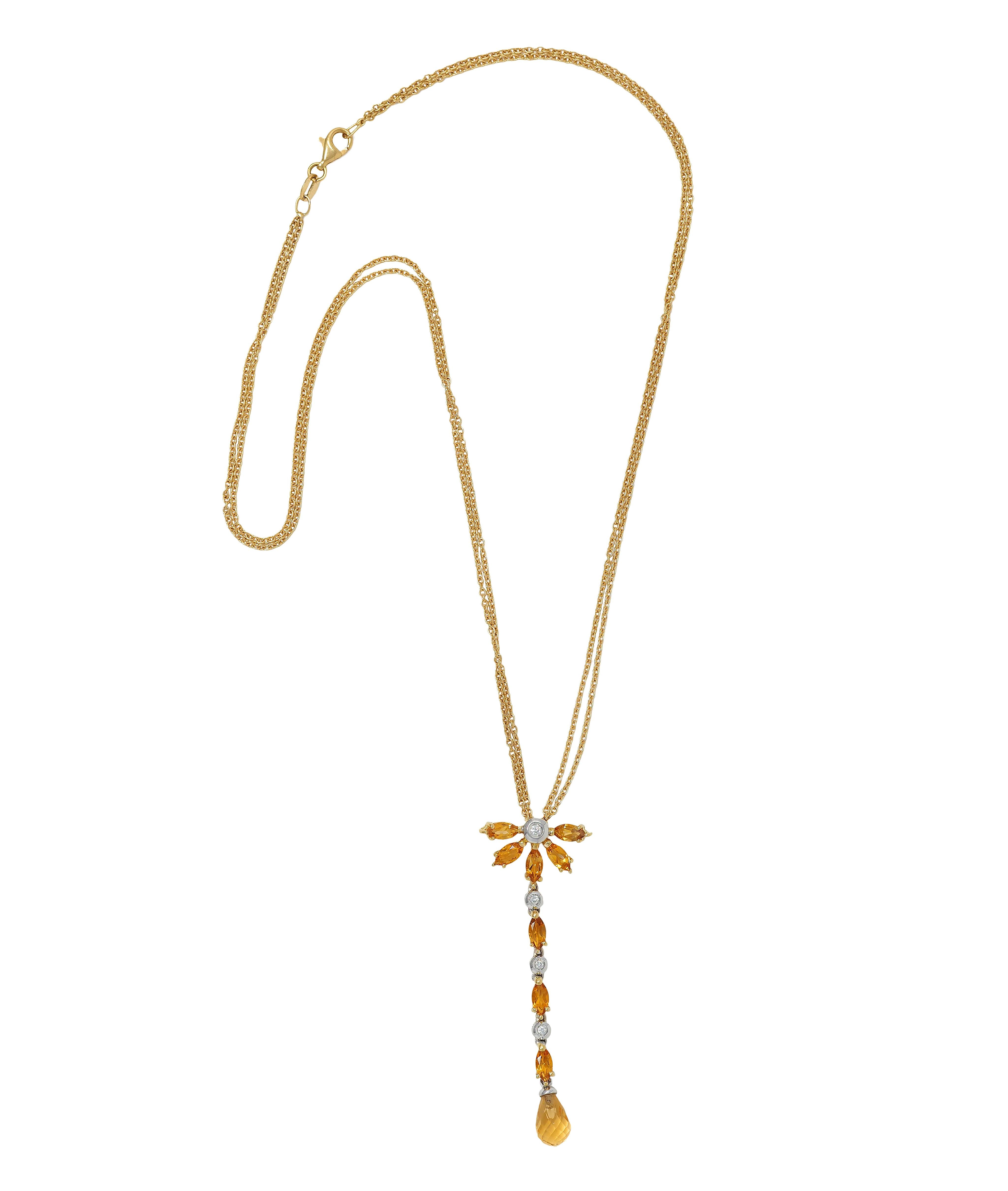 Contemporary 1.50 CTW Citrine Diamond 18 Karat Two-Tone Gold Drop Necklace