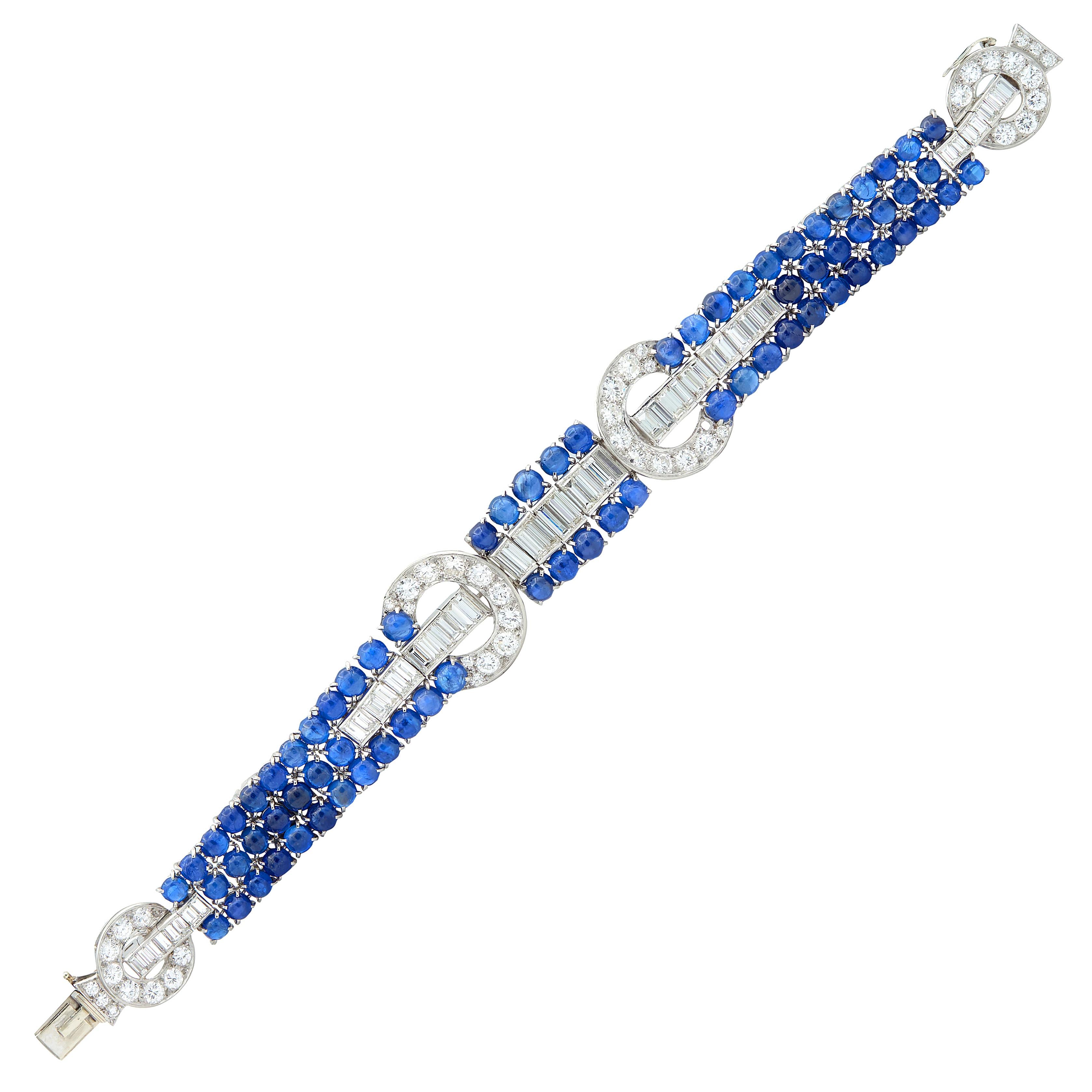 Art Deco 35.50 CTW Sapphire Diamond Platinum Vintage Buckle Line Bracelet
