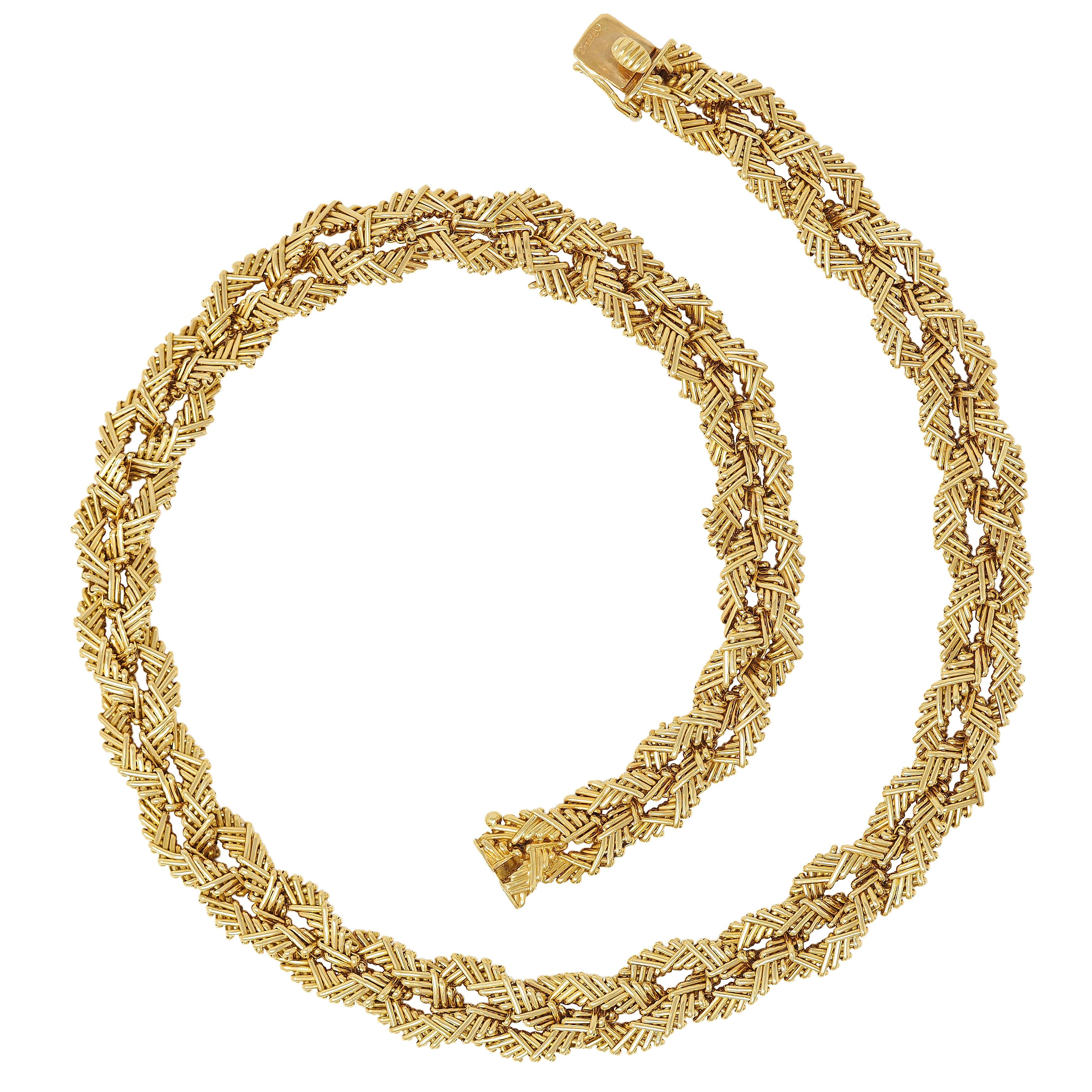 1960's 18 Karat Yellow Gold Vintage Fancy Braided Basket Weave Chain Necklace
