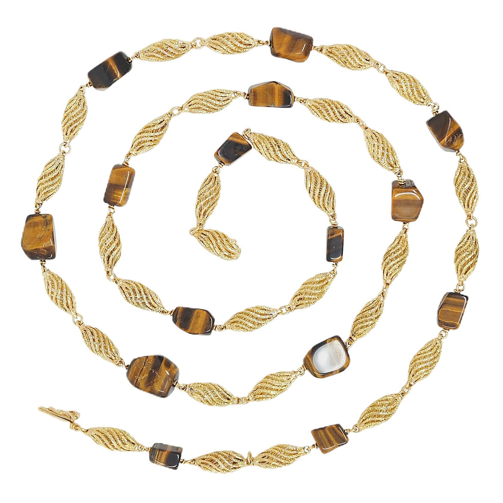 1970's Tiger's Eye Quartz 18 Karat Yellow Gold Vintage Beaded Station Chain Neck