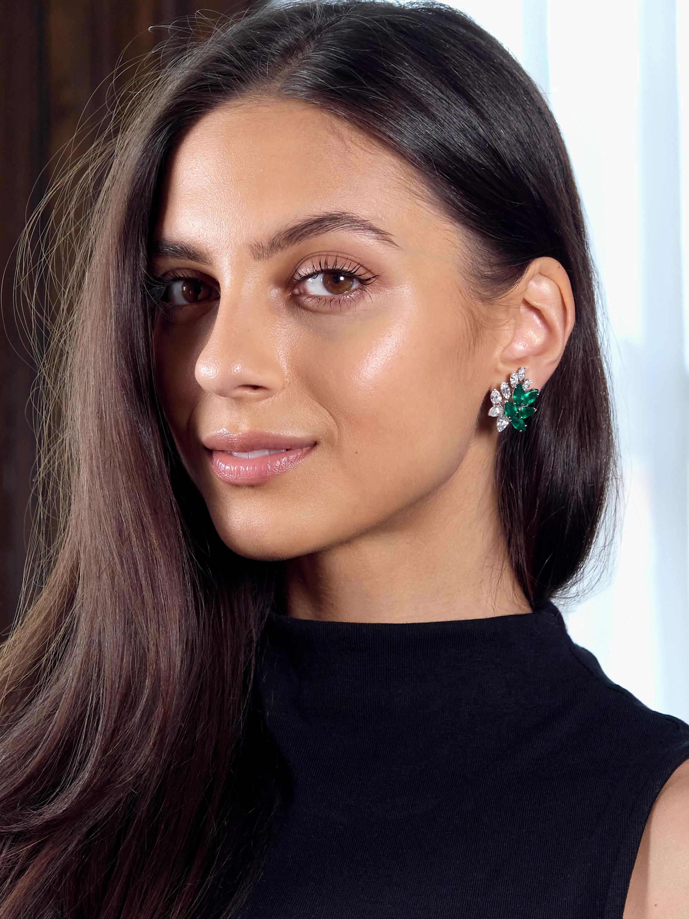 Oscar Heyman 1950s Diamond Emerald Platinum Gold Vintage Spray Ear-Clip Earrings