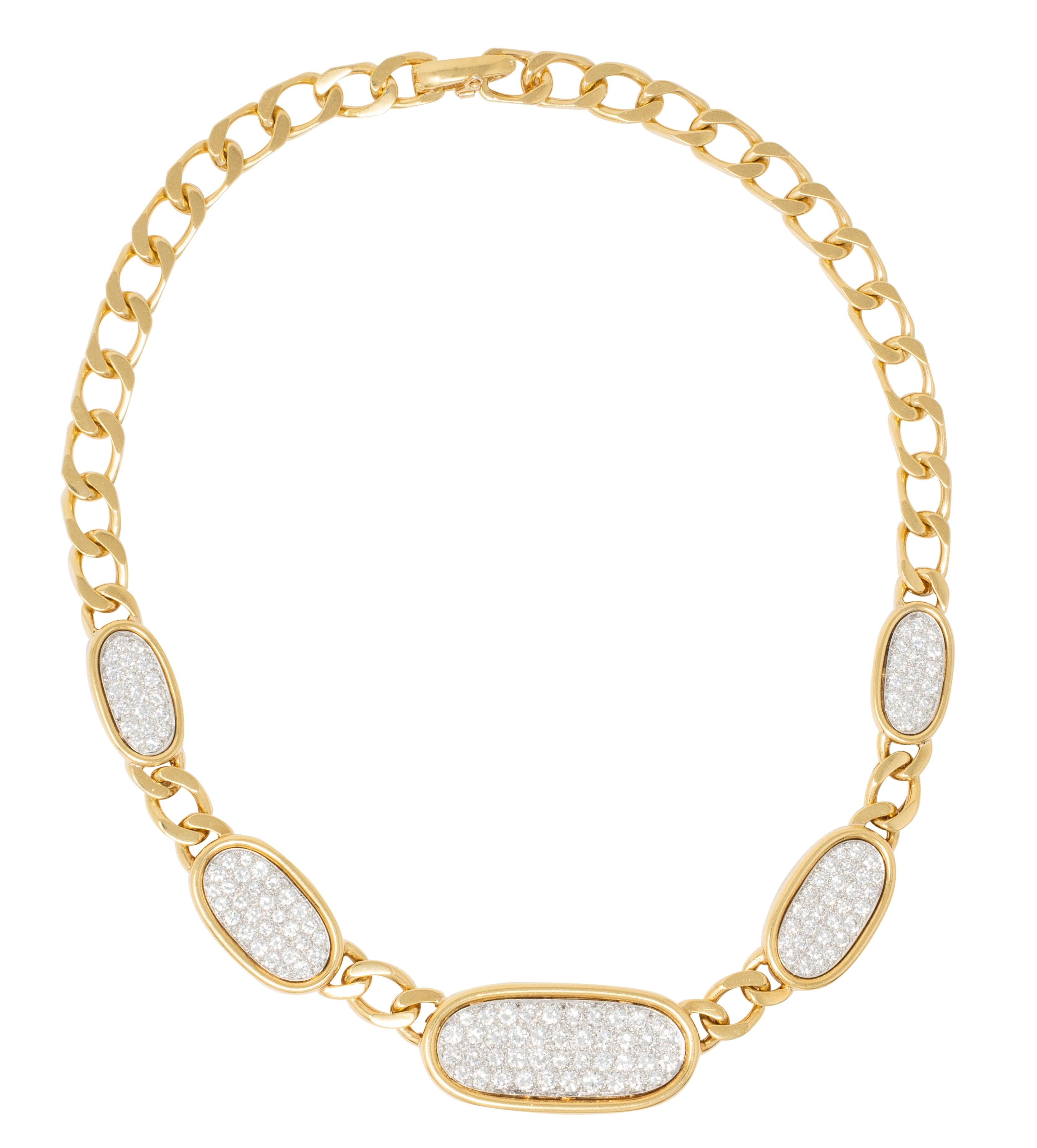 David Webb 1980's Diamond 18K Yellow Gold Platinum Vintage Pavé Station Necklace