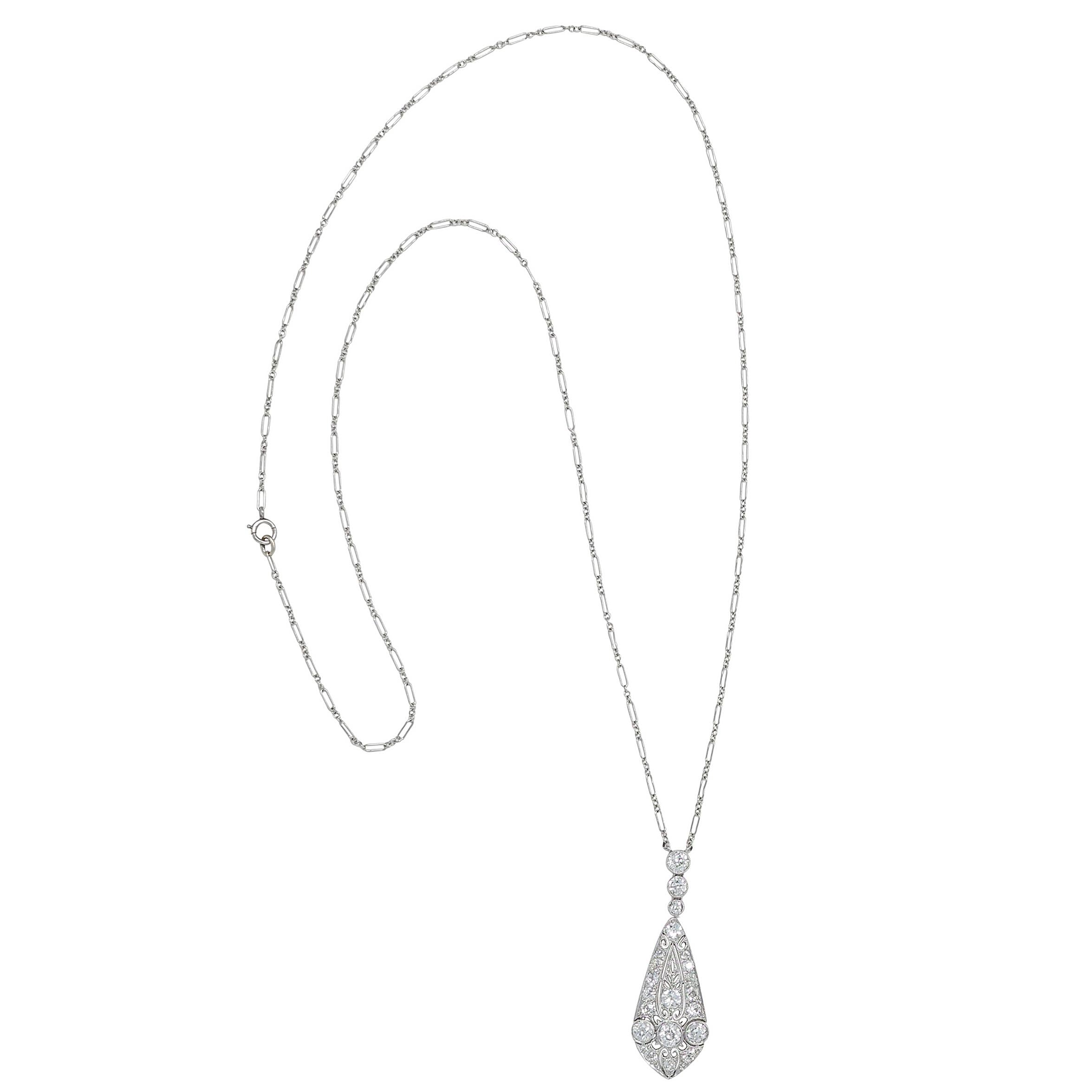 Marcus & Co. Art Deco Diamond 20K Gold Antique Foliate Pendant Station Necklace