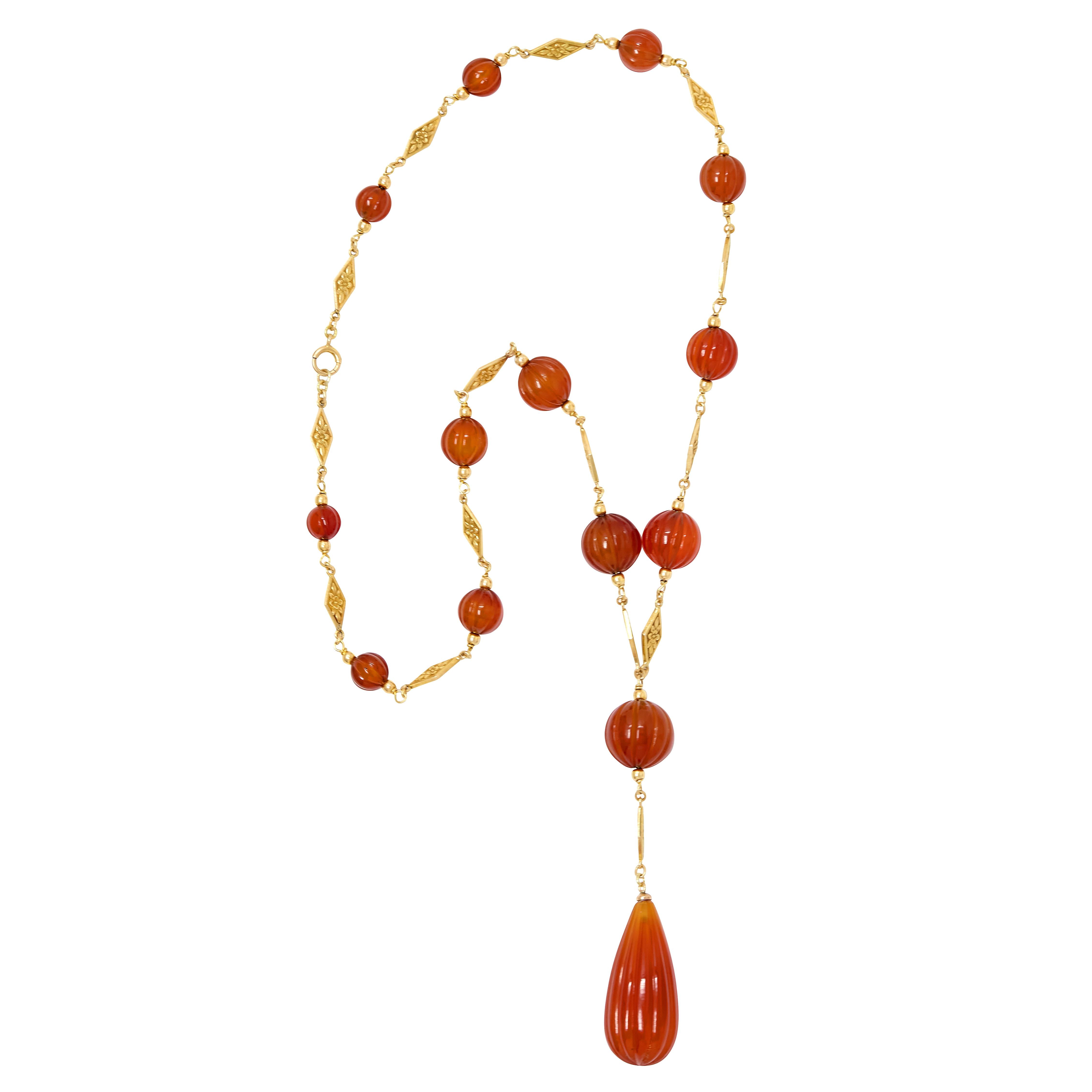 Early Art Deco Carnelian 14K Gold Antique Orange Blossom Sautoir Necklace