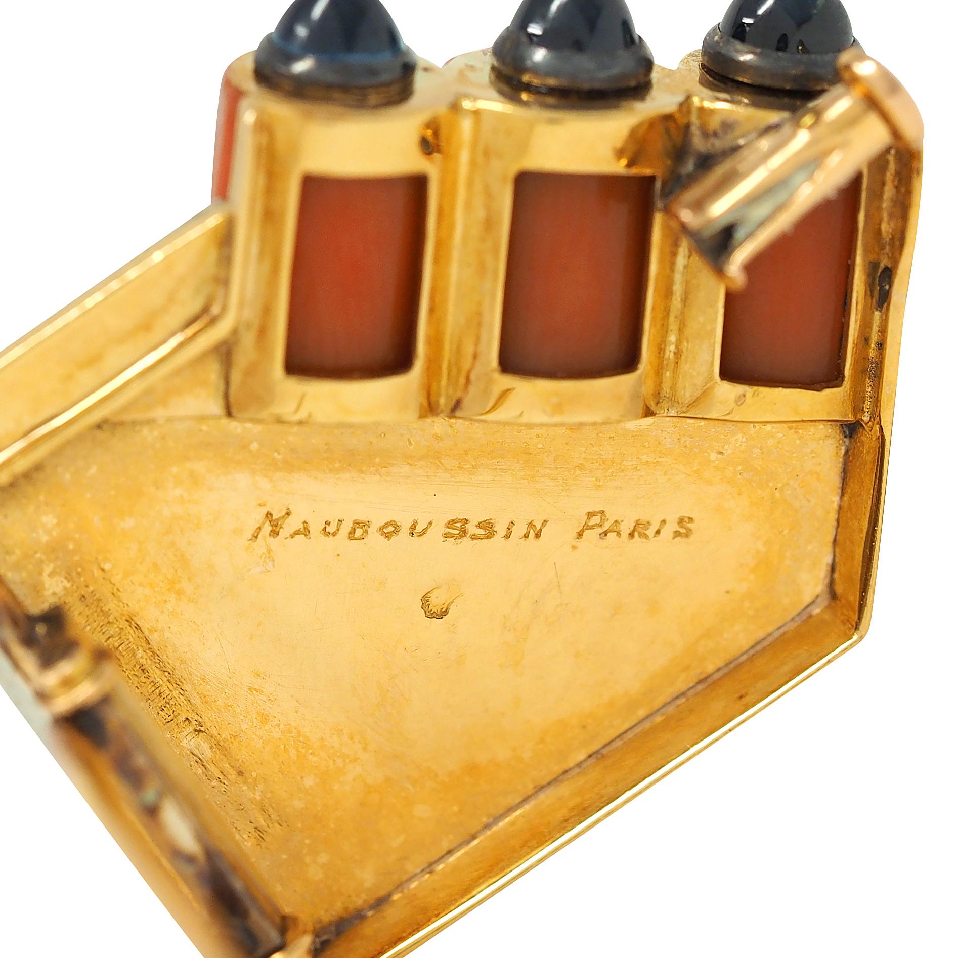 Mauboussin Paris French Retro Sapphire Coral 18 Karat Gold Vintage Bullet Brooch