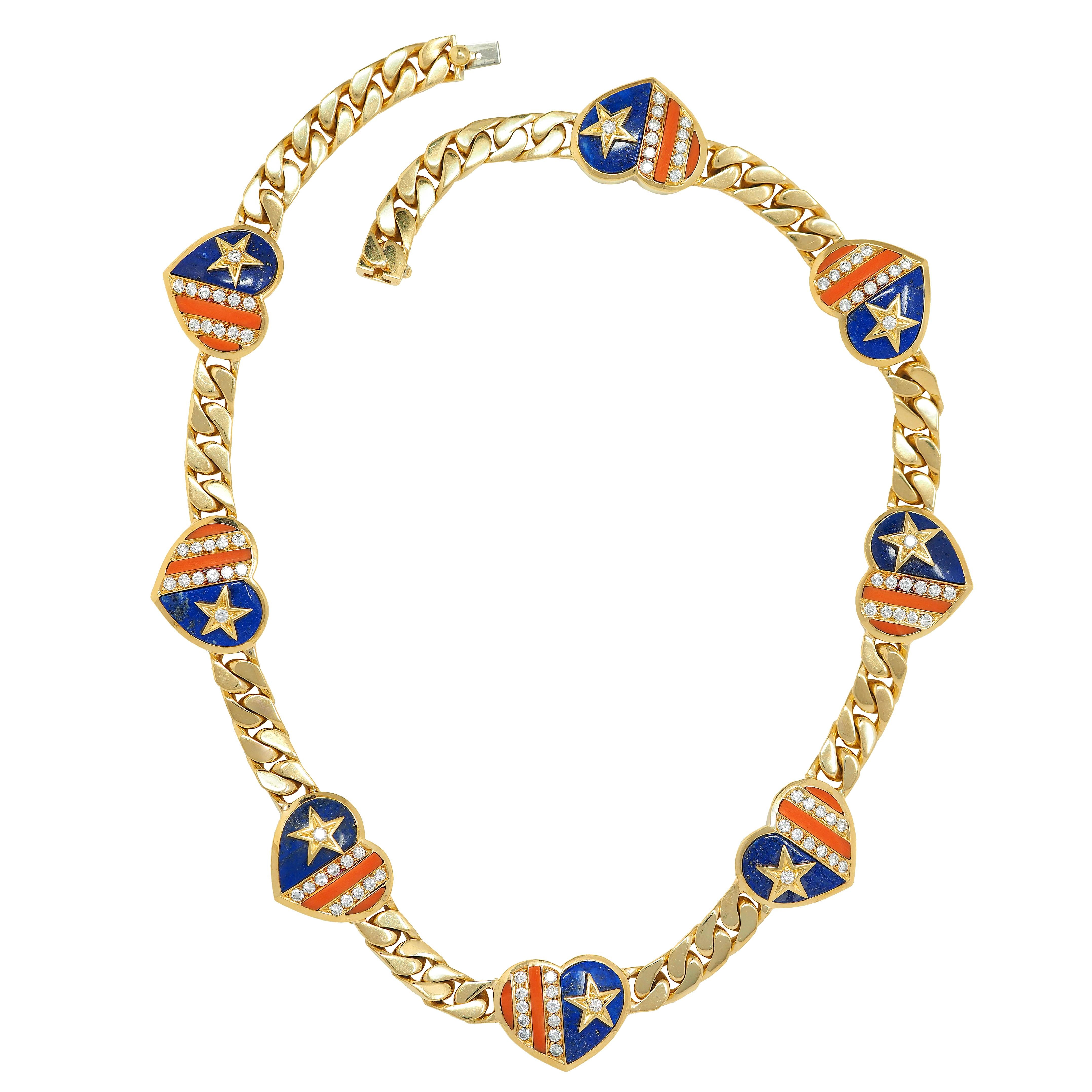 Bulgari 1972 Coral Lapis Diamond 18K Gold Vintage Stars & Stripes Heart Necklace