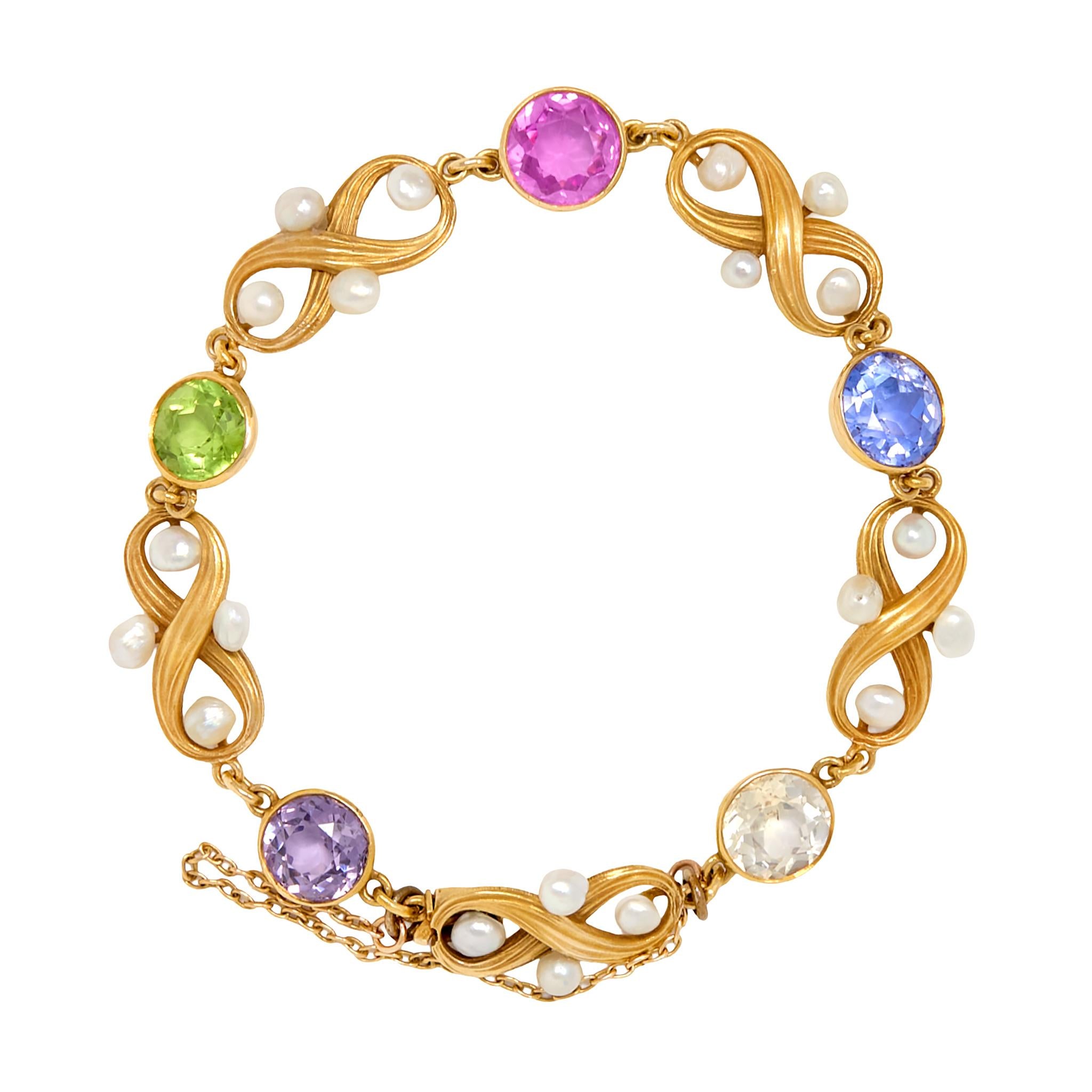 Art Nouveau Multi-Gem Sapphire 14K Yellow Gold Antique Infinity Link Bracelet
