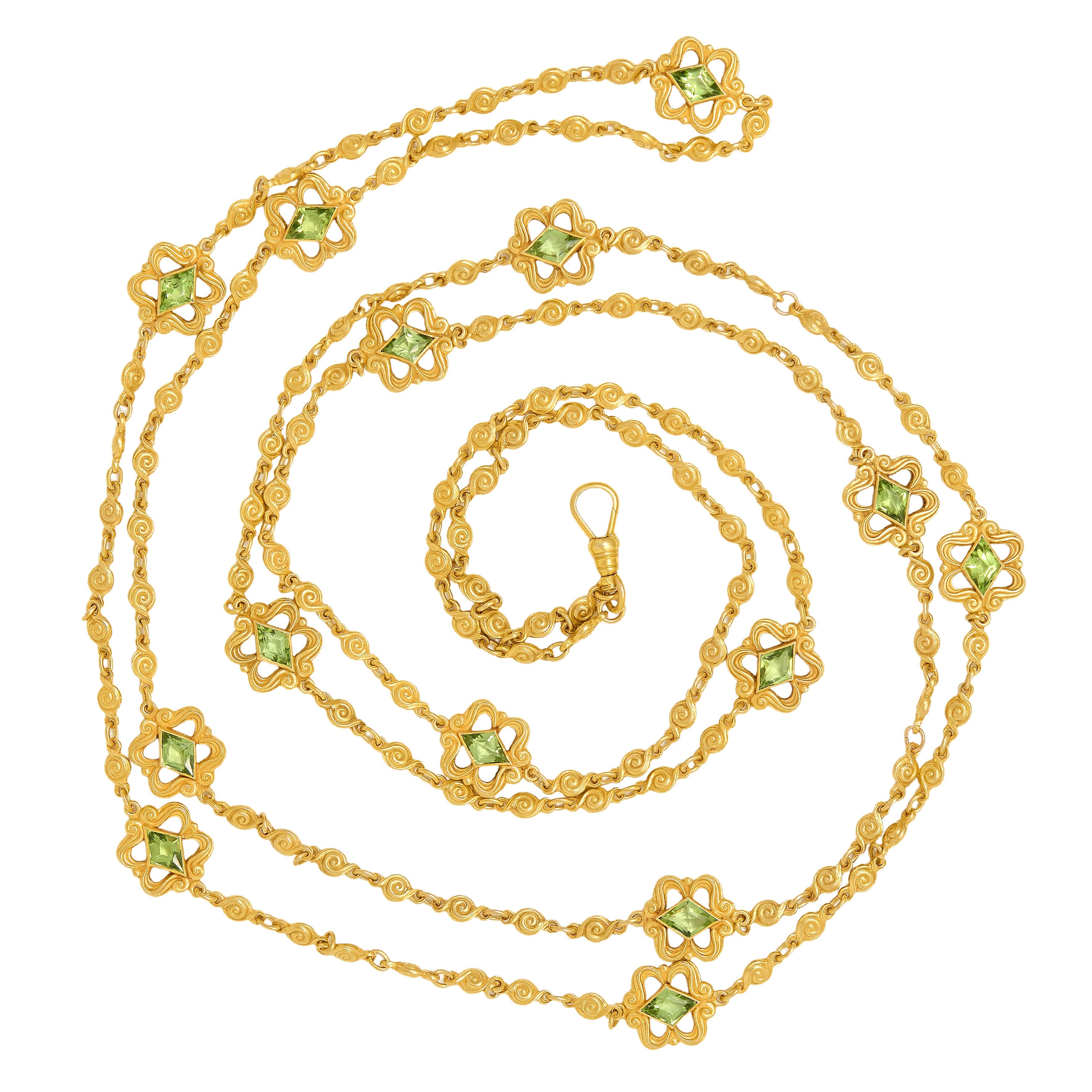 Victorian Peridot 14K Yellow Gold Antique Scroll Fancy Link Fob Chain Necklace