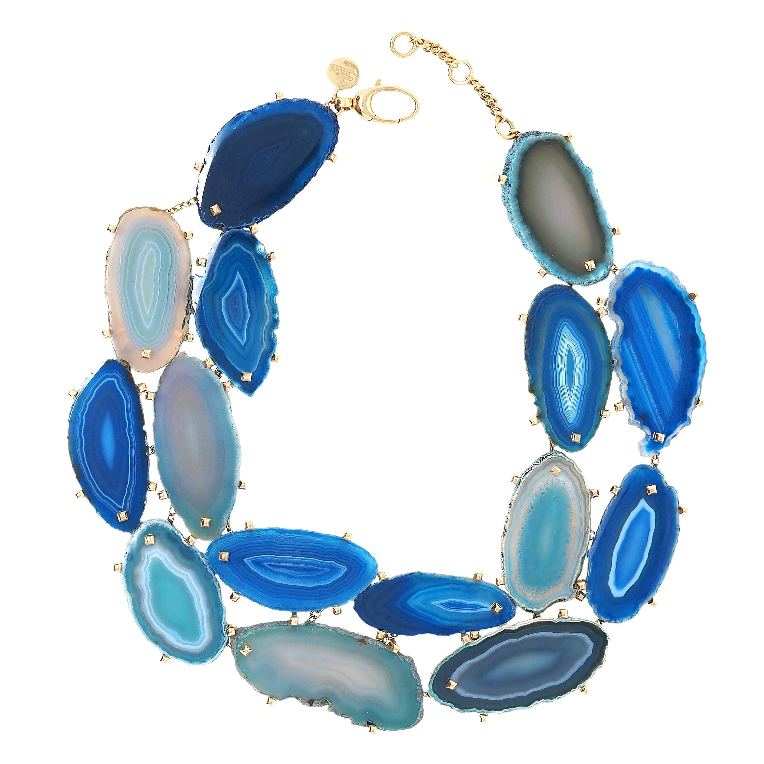 Gucci 2009 Spring Blue Agate 18 Karat Yellow Gold Collar Statement Necklace