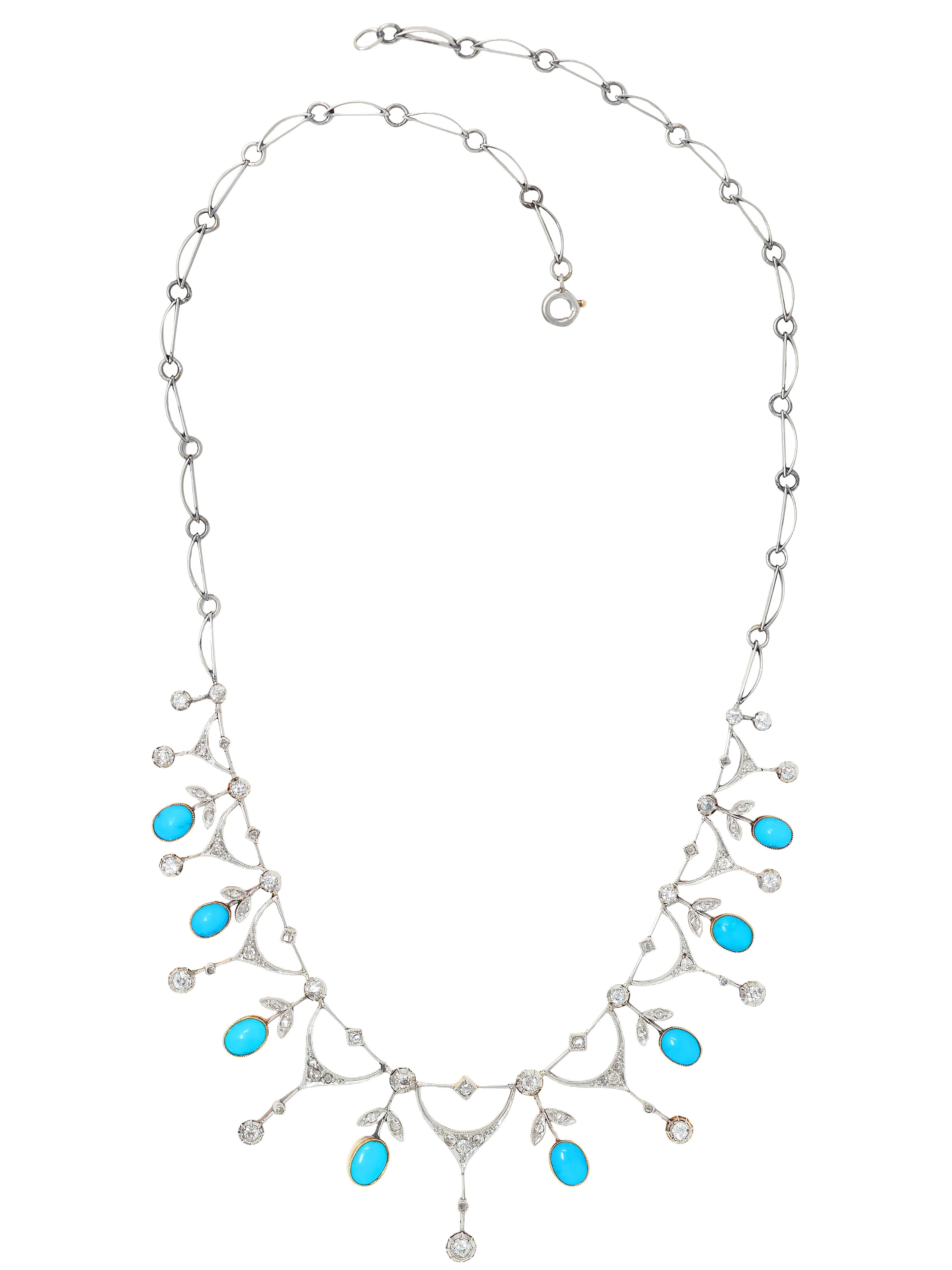 Edwardian Diamond Turquoise Platinum 18K Gold Antique Foliate Fringe Necklace