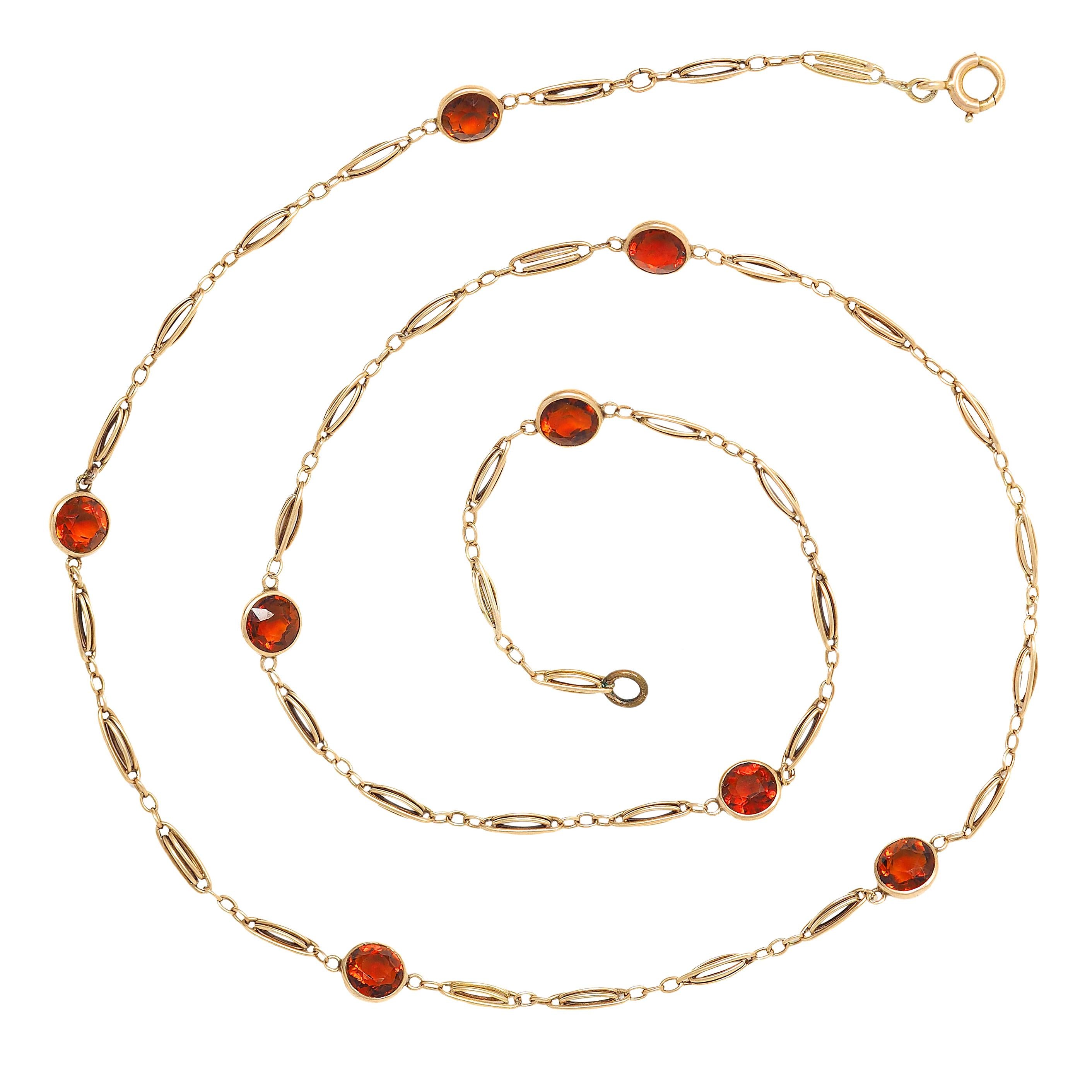 Victorian Citrine 14 Karat Yellow Gold Antique Bezel Station Link Chain Necklace